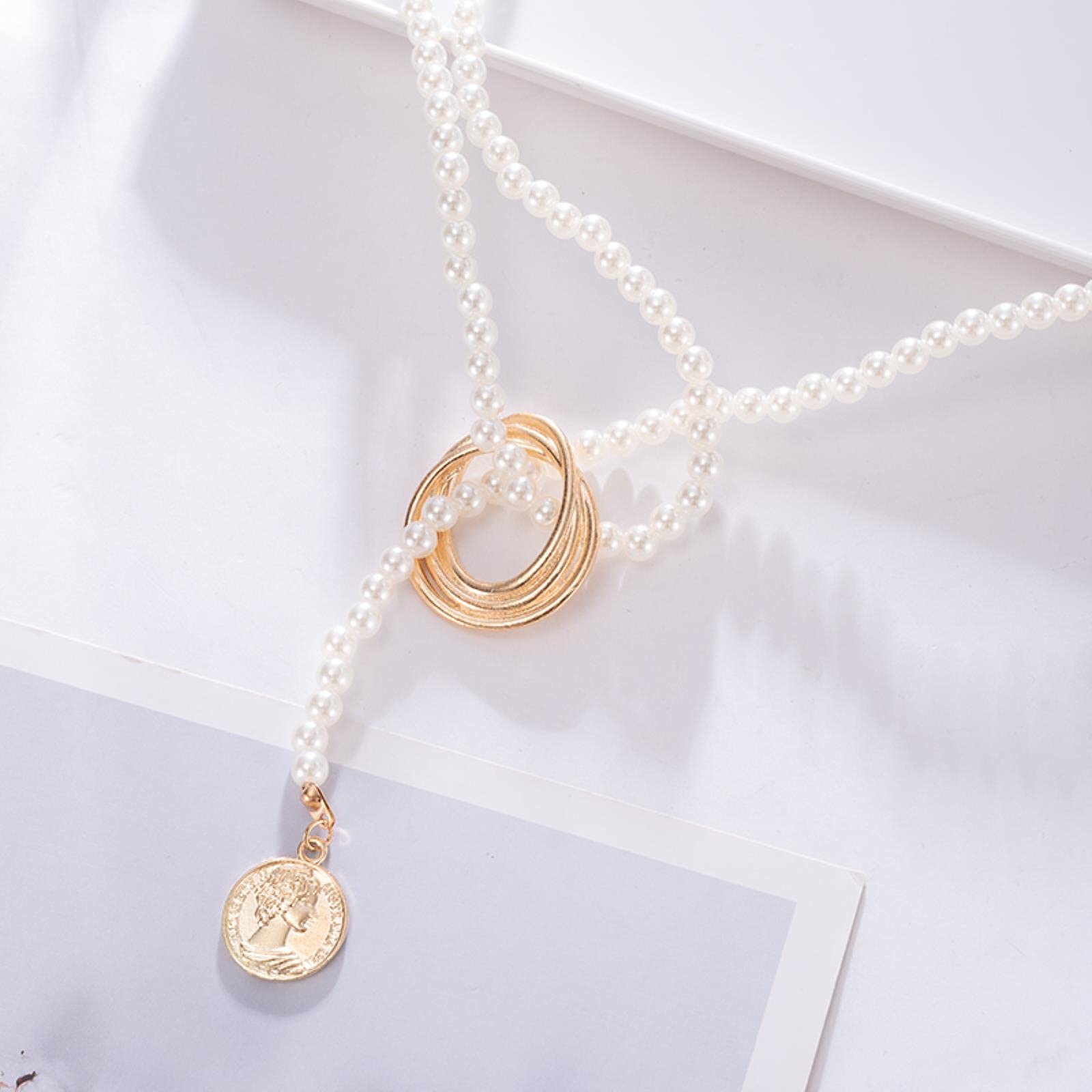 Collares de perlas vintage para mujer Cadena multicapa Colgantes de luna de cristal Encanto Gargantilla bohemia de oro Joyería-Oro 059