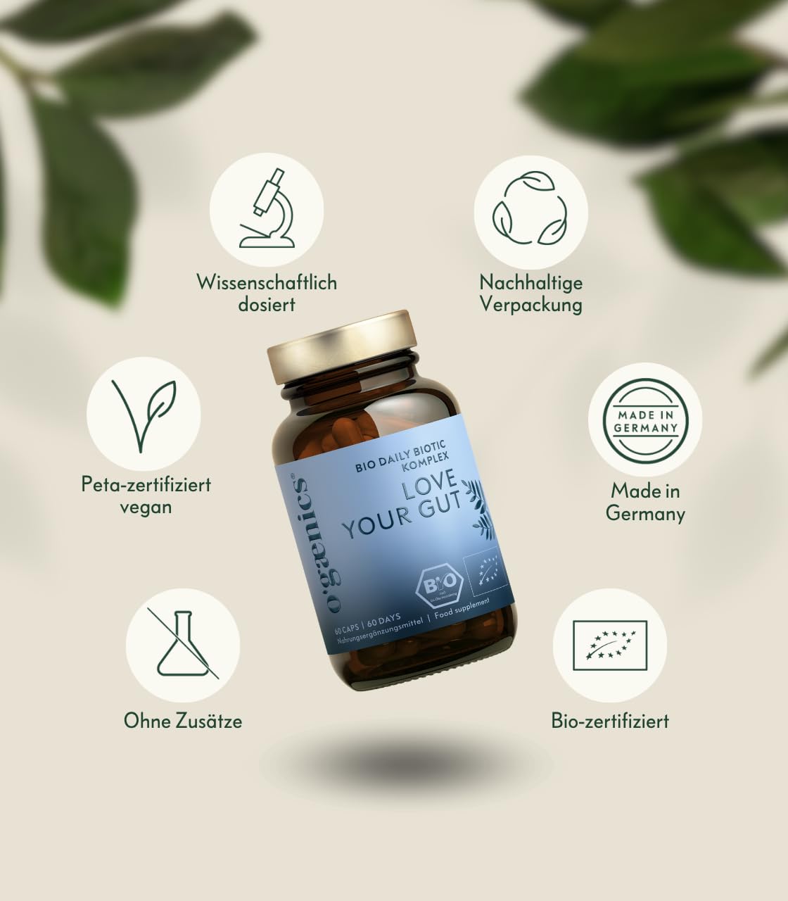 Ogaenics Love Your Gut Darmbakterien Komplex: 21 Stämmen + Inavea™ Bio-Akazienfaser, u.a. Lactobacillus & Bifidobakterien, 20 Mrd. KbE/Kapsel, vegan, bio, laborgeprüft, produziert in DE, 60 Kapseln