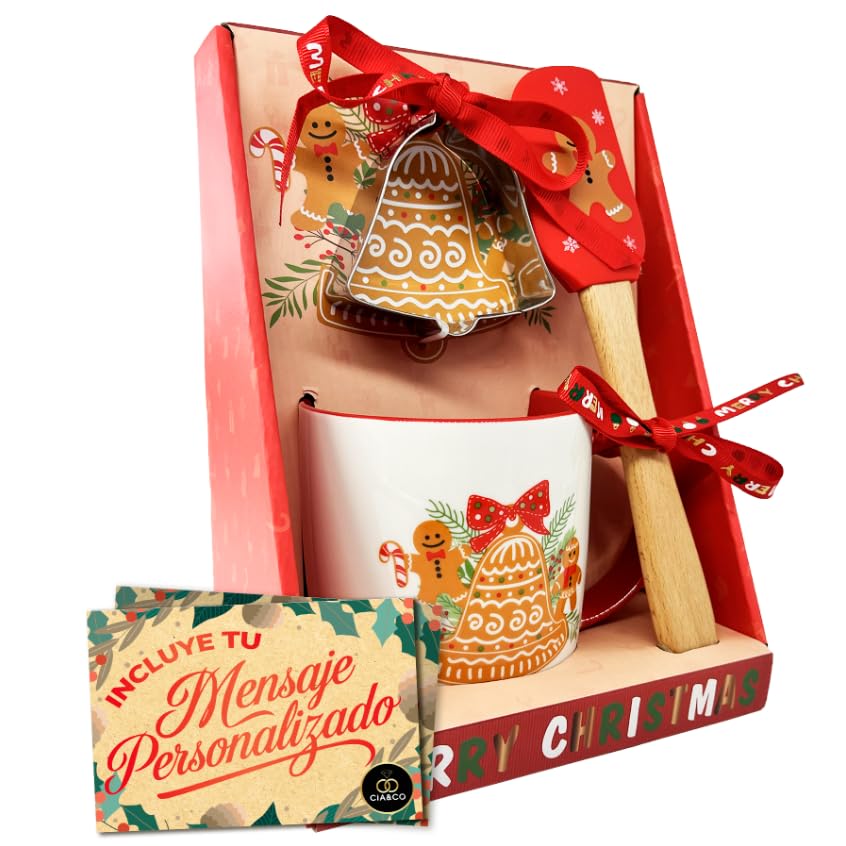 Cia&Co Set Taza Navideña Campana 380 ml + Espátula Repostera y Molde para Galletas · Caja Regalo Festiva + Tarjeta Personalizable Idea Perfecta para Amigo Invisible y Detalles de Navidad