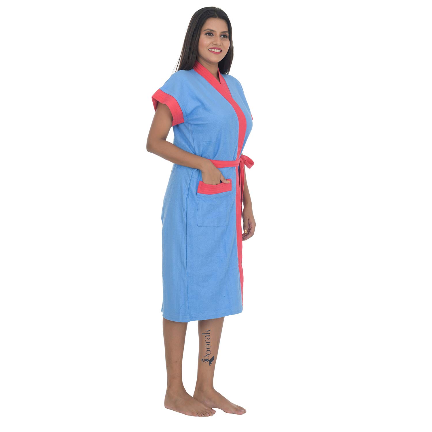 Poorak Dark Collection Red Strip Light Blue Color Half Sleeves Soft Terry Cotton Bathrobe for Women - Free Size Upto 42 Inches 1