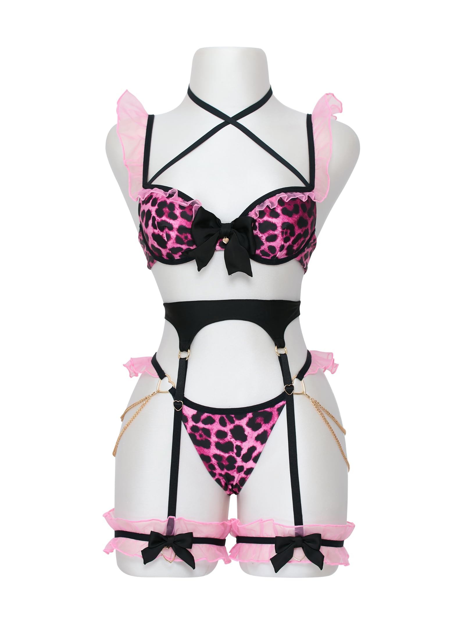 MOEFLAVOR Gyaru Garter Lingerie Set for Women – Kawaii Anime Cosplay Outfit – Leopard Print Japanese Gyaru Costume: Pink X-Small-Small