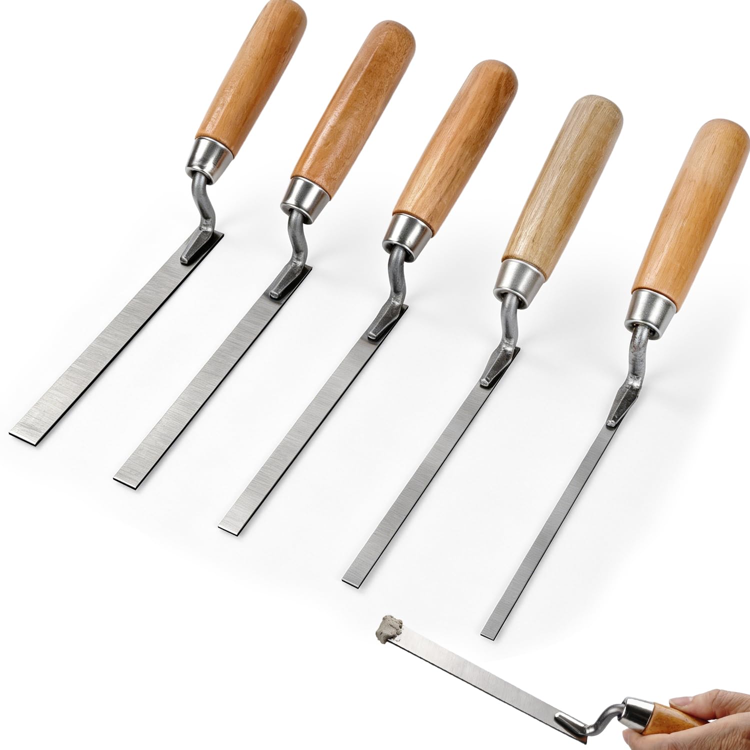 Stainless Steel Pointing Trowel Set with Wooden Handles, 5 Piece 6/8/10/12/15 mm Finger Pointing Tool for DIY Brick Gap Repairs