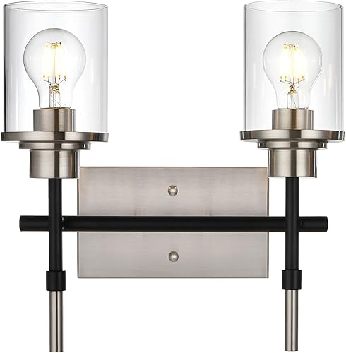 MELUCEE Accesorios de iluminación de baño sobre el espejo, aplique de pared de 2 luces, luz negra y acabado de níquel cepillado con pantalla de