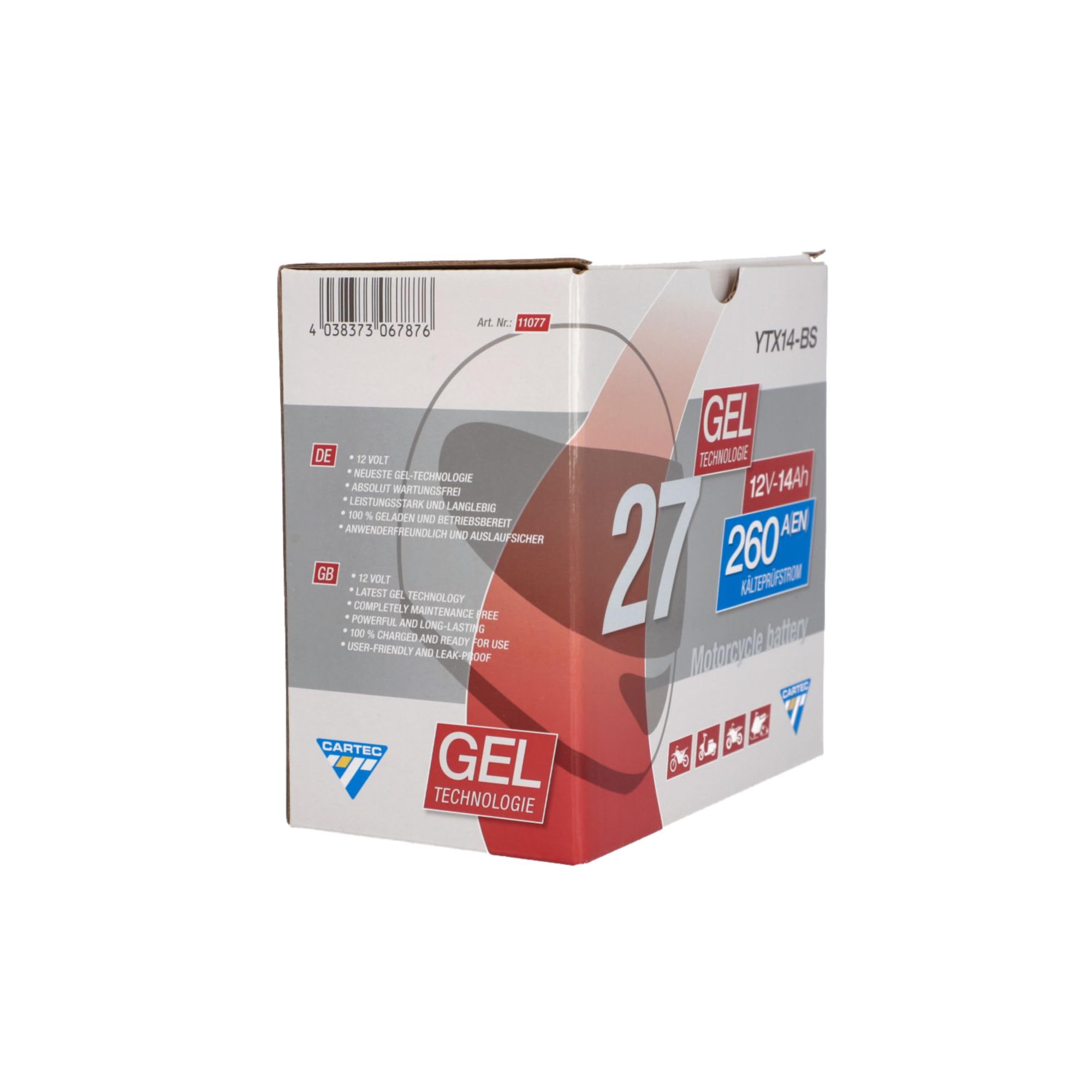 CARTEC Batería de motocicleta YTX14-BS, 14Ah, 260A, tecnología de gel, calidad original, resistente al ciclo, almacenable, sin mantenimiento, color negro