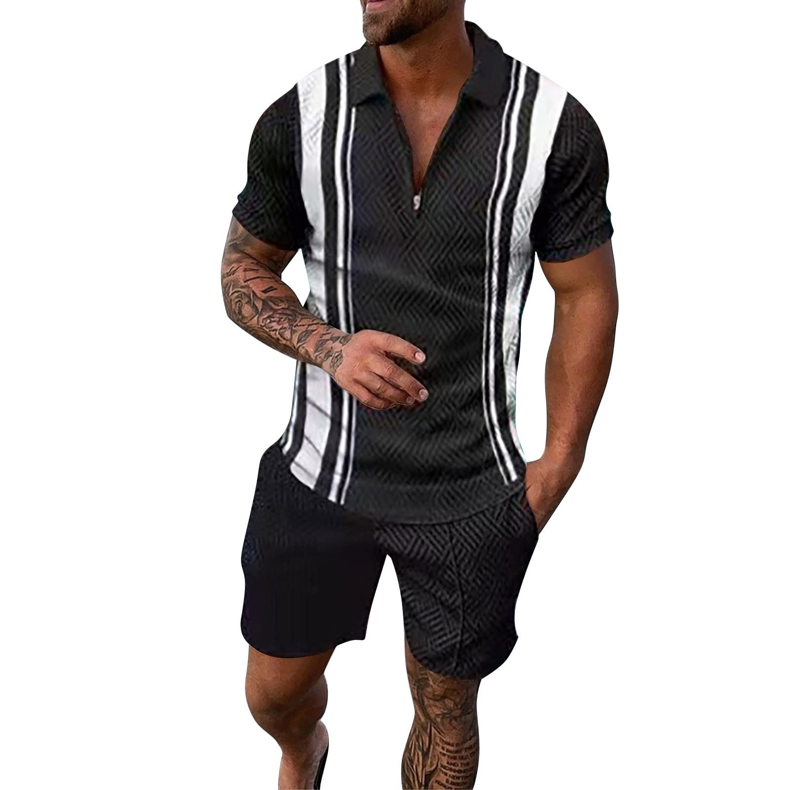 Generic Juego de ropa para hombre, camisa y pantalones cortos, ropa de verano, traje informal de manga corta para hombre, pantalones cortos de 2 piezas, juego de chándal, polo para hombre, negro