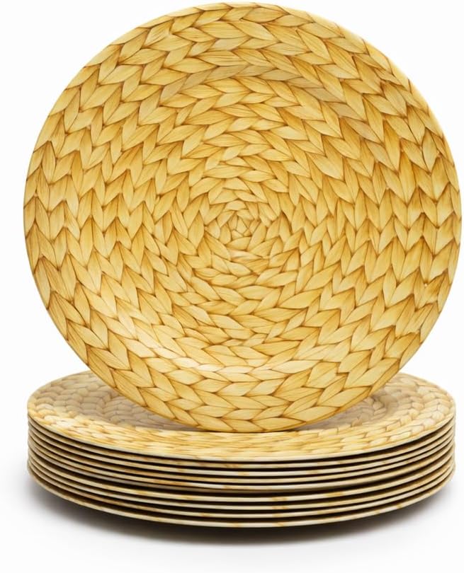 13in Charger Plates Set of 12- Faux Rattan Chargers for Dinner Plates- Brown Round Plastic Plate Charger- Farmhouse Rustic Table Charger for Wedding, Party,Halloween, Thanksgiving, Christmas