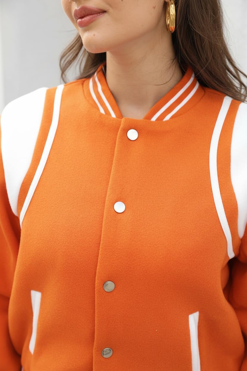 Fooullaide Womens Bomber Varsity Jacket Letterman Long Sleeve Button Down Baseball School Uniform Coat Streetwear