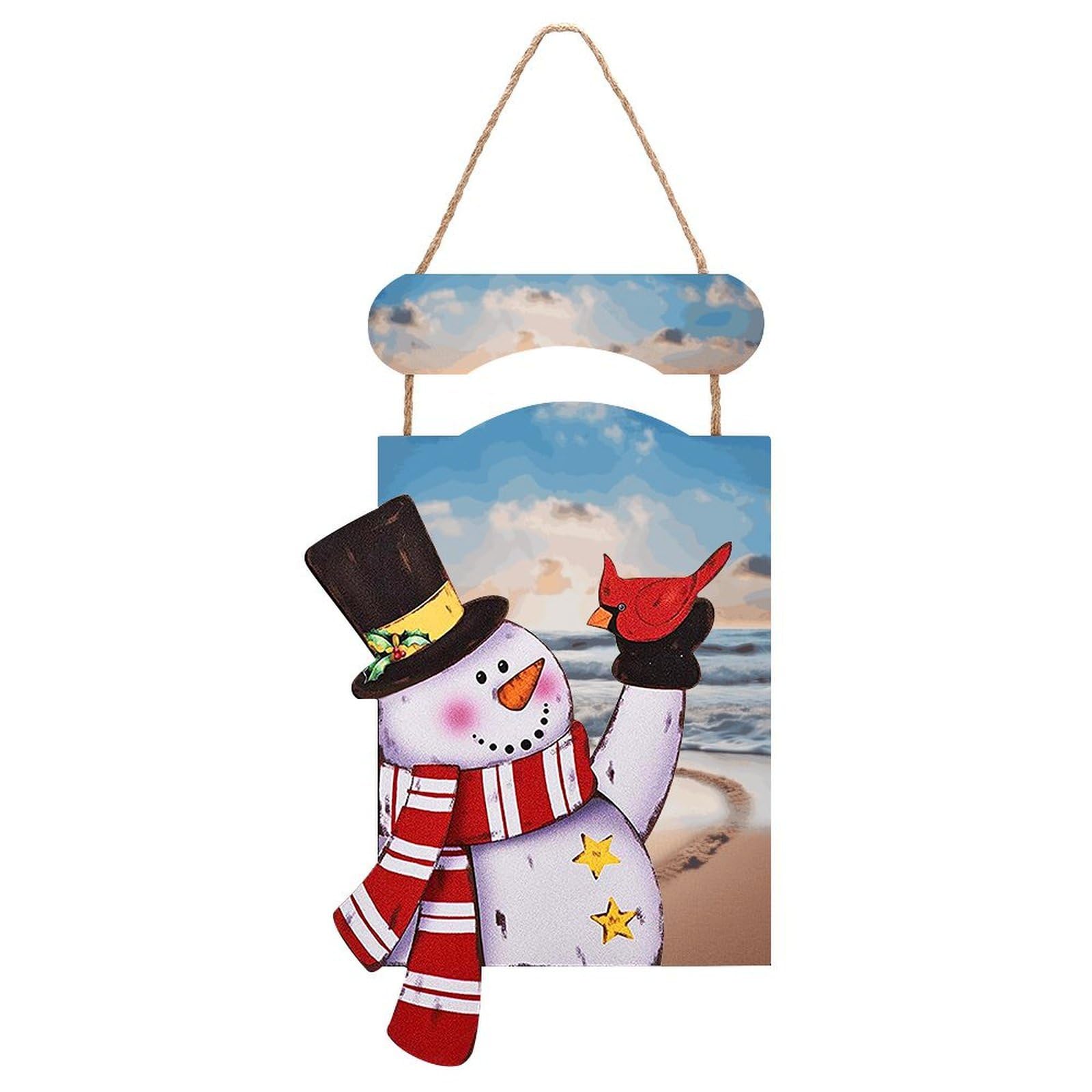 Heart Shape Romantic Beach Snowman Sign Wooden Hanging Door Sign Christmas Door Decor Christmas Snowman Wooden Hanging Sign Wall Art for Indoor Outdoor Porch Wall