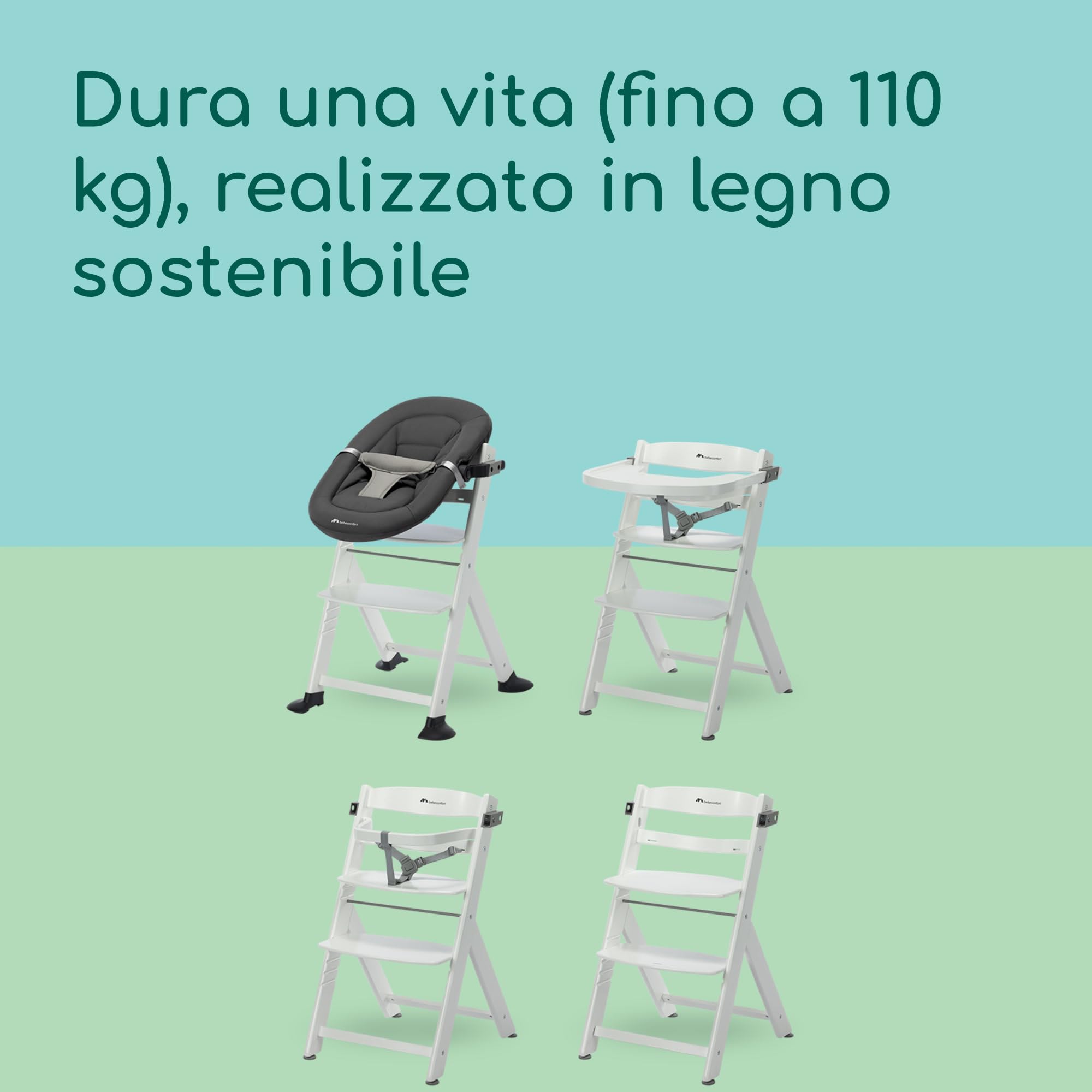 Bebeconfort Timba 2 Seggiolone Pappa Evolutivo in Legno, 6+ Mesi, 110 kg, Bianco
