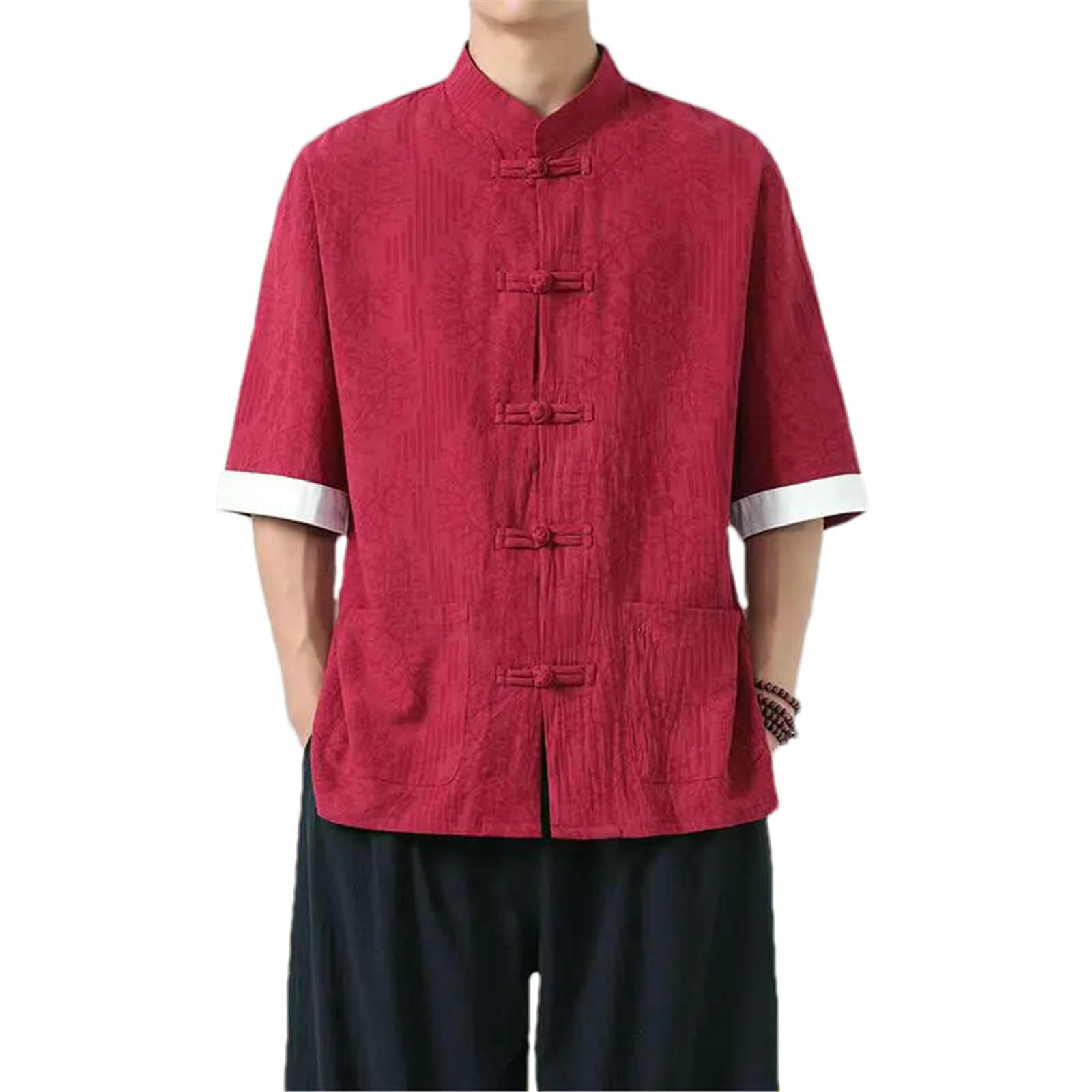 JXQXHCFS Camicia da uomo leggera traspirante cotone lino colletto alto camicia estate cinese stampato top orientale per il tempo libero camicie