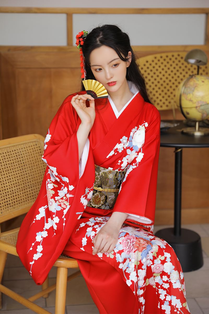 NELLN Women Traditional Japanese Kimono Red Color Floral Prints Long Sleeve  Yukata Vintage Performing Dress Cosplay Costume (Color : 1, Size : S  147-155) : Amazon.co.uk: Fashion