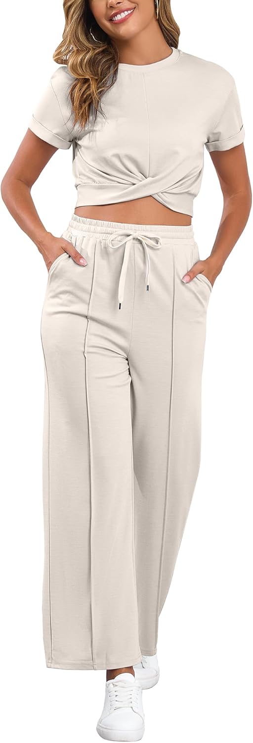 Two Piece Sets for Women Summer Outfits Lounge Sets Twist Front Crop Tops Wide Leg Pants Vacation Travel Clothes