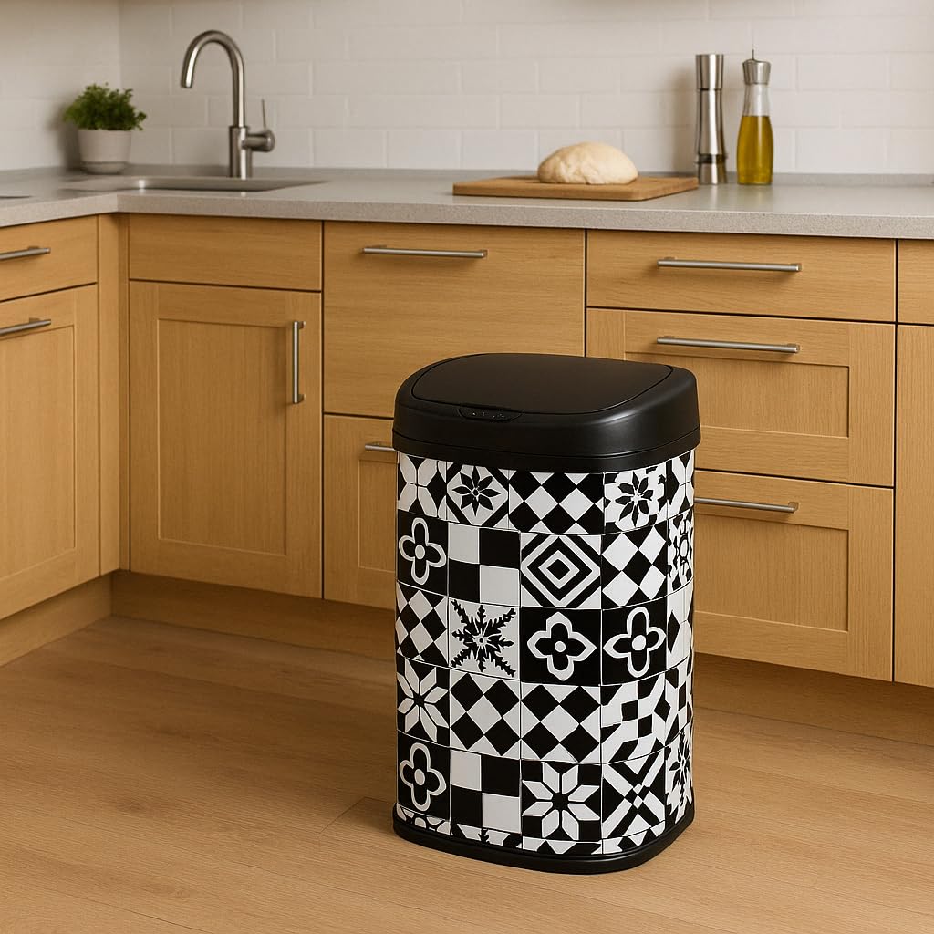 Kitchen Move Cubo de Basura de Cocina automático Majestic de 58 L, con azulejo de Cemento, de Acero Inoxidable con fleje