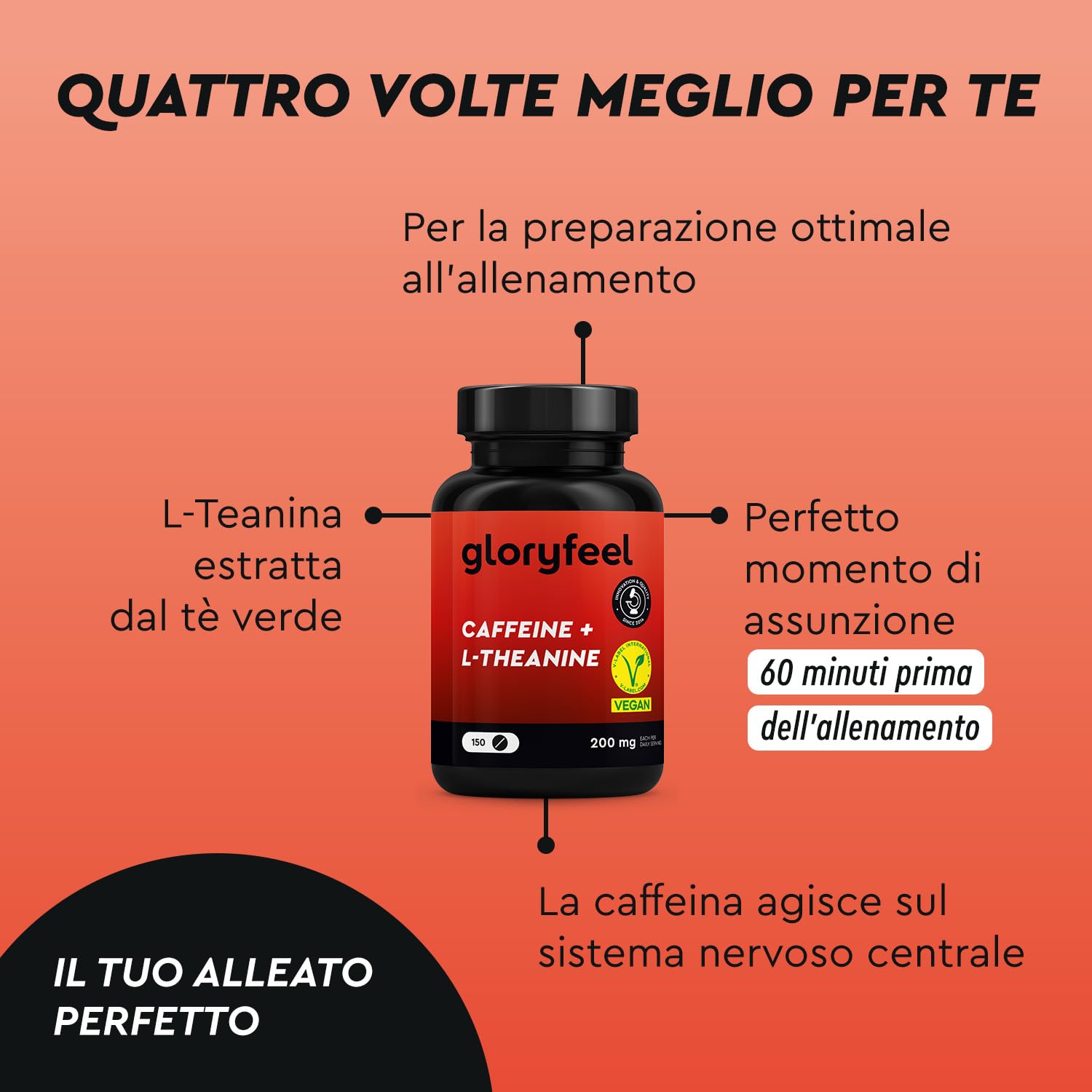 Caffeina + L-Teanina ad alto Dosaggio - 150 Compresse con 200mg di Caggenia + 200mg di L-Teanina da Estratto di Tè verde per dose giornaliera - 100% vegano e testato in Laboratorio
