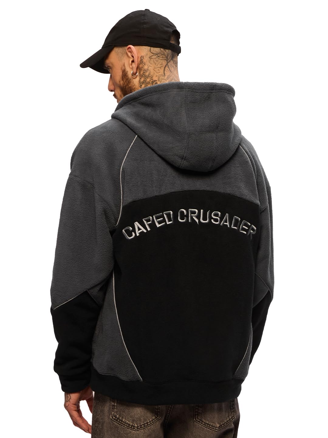 Batman: Dark Knight Men and Boys Long Sleeves Hooded Neck Black and Grey Embroidered Cotton Blend Oversized Hoodies