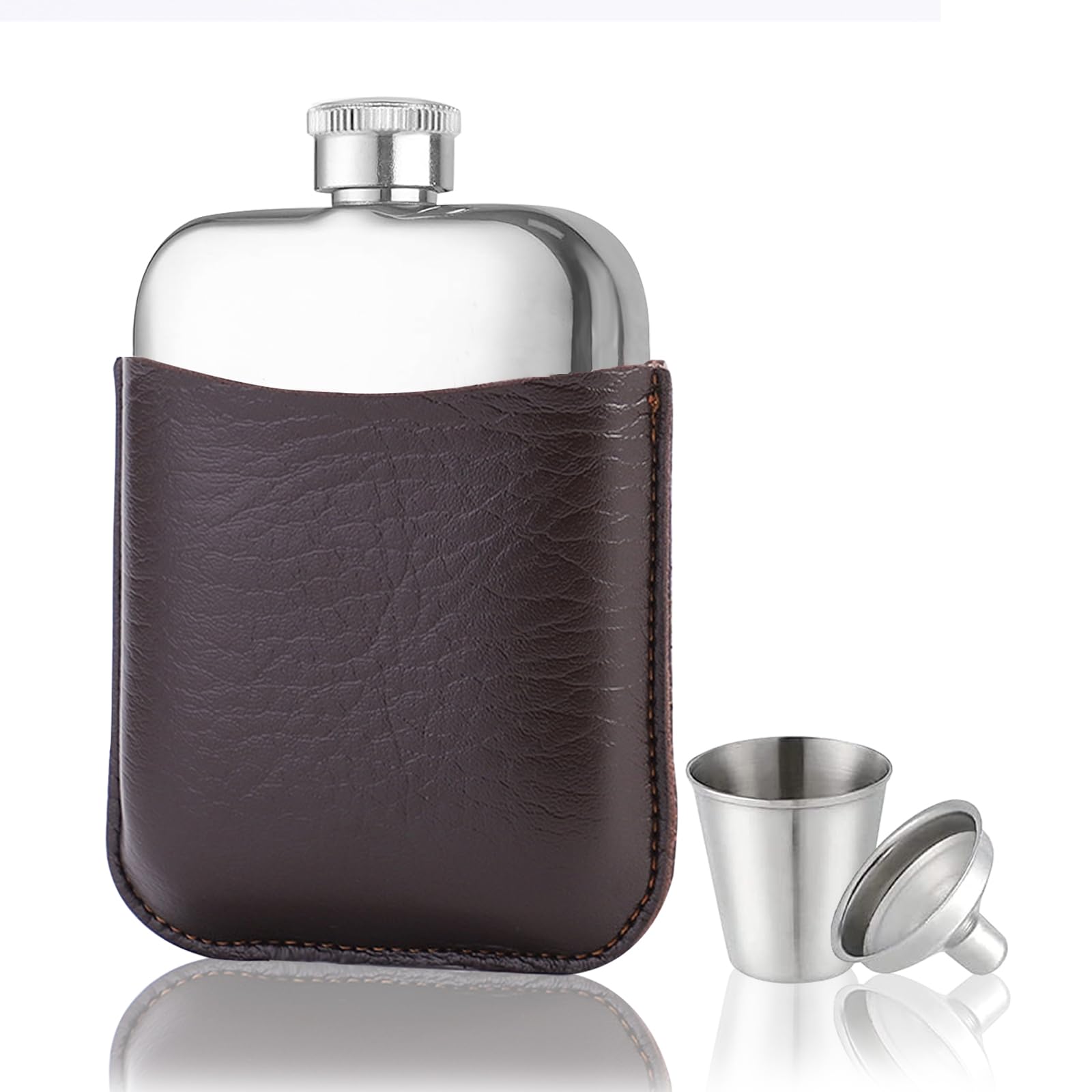 MEETOZ 6oz Hip Flask Gift for Him Premium Tan PU Leather Sleeve and Stainless Steel Funnel Cup Gift for Him Groomsmen Gift Hip Flask for Men Whisky Flask