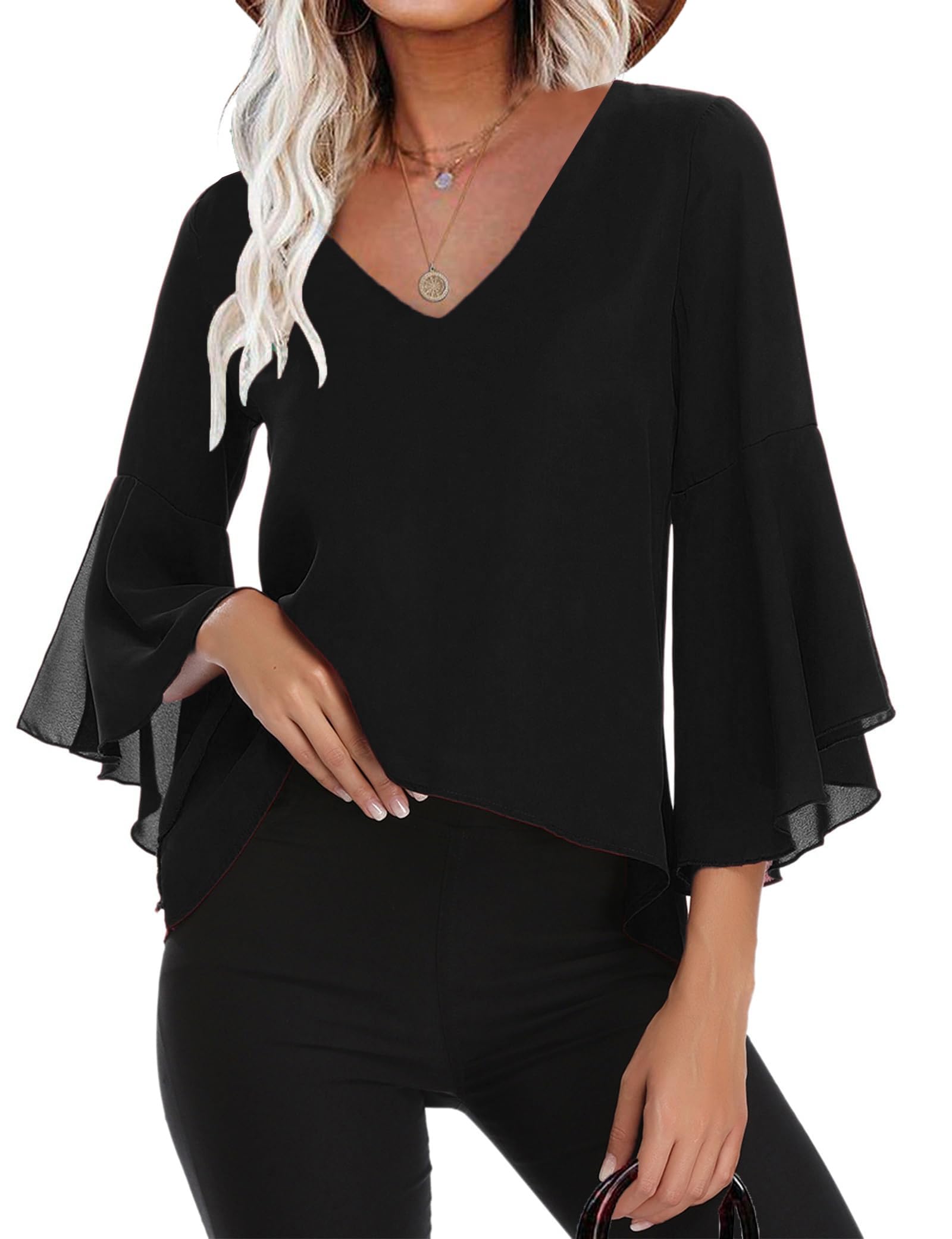 Gyabnw Chiffonbluse Damen V Ausschnitt 3/4 Arm Volantärmel | Leichter Chiffon, ausgestellte Volantärmel, lockere Tunikaform, für festliche Anlässe