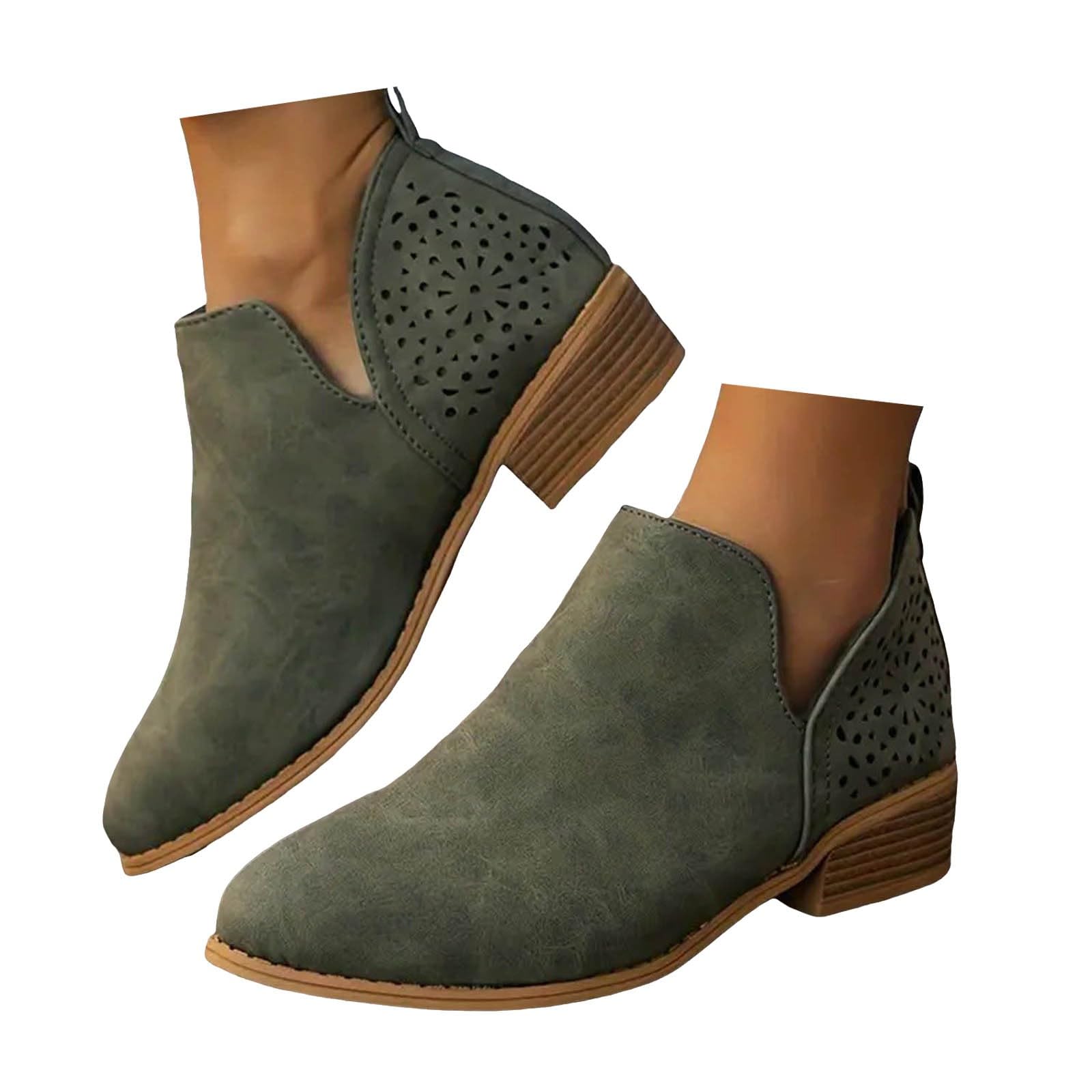 Womens Short Ankle Boots Western Booties for Women Casual Side V-Cut Boots Classic Chunky Stacked Heel Slip On