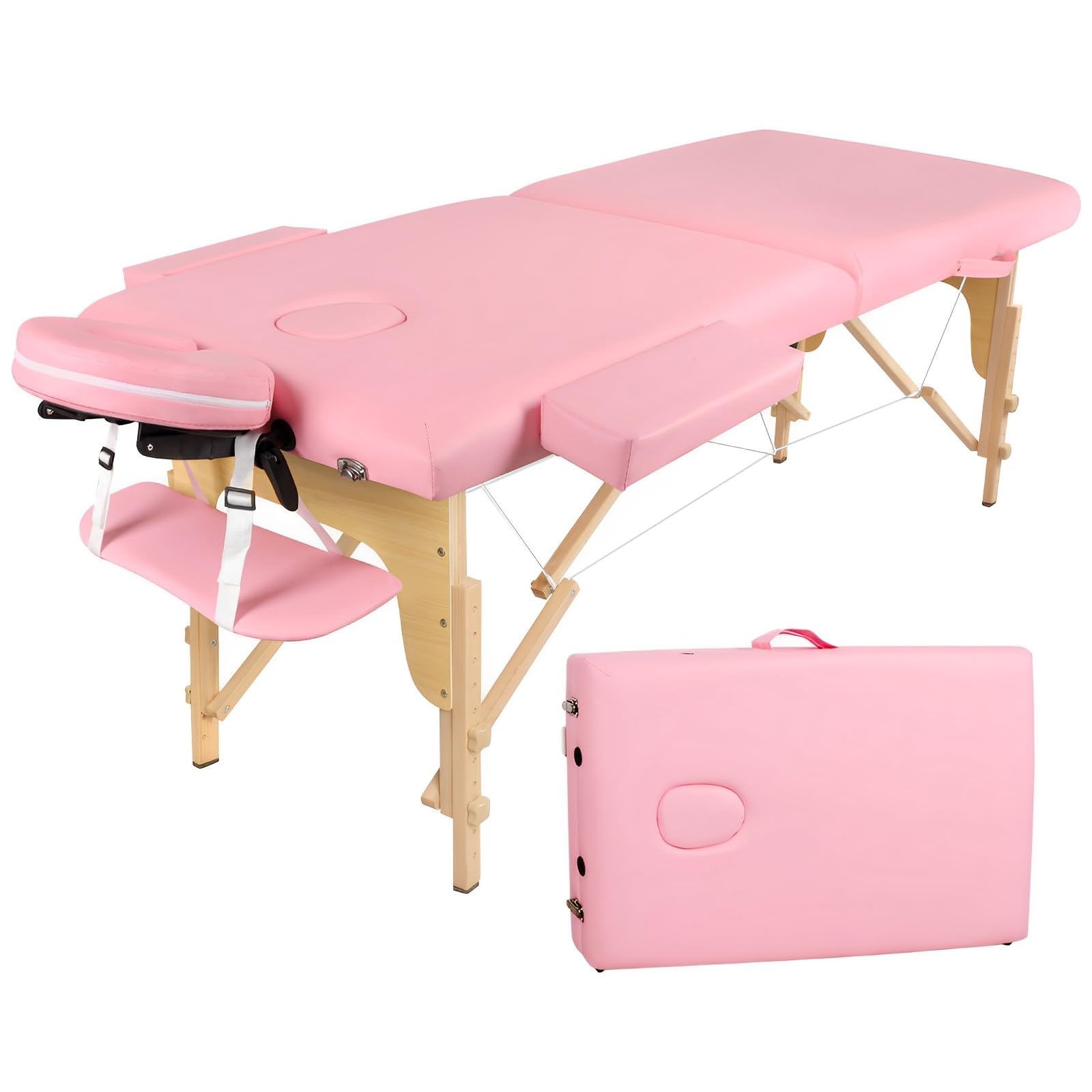 Camilla de Masaje Plegable - 2-Zona Madera Camilla Estetica Portatil para Fisioterapia y Tatuaje (Rosa)