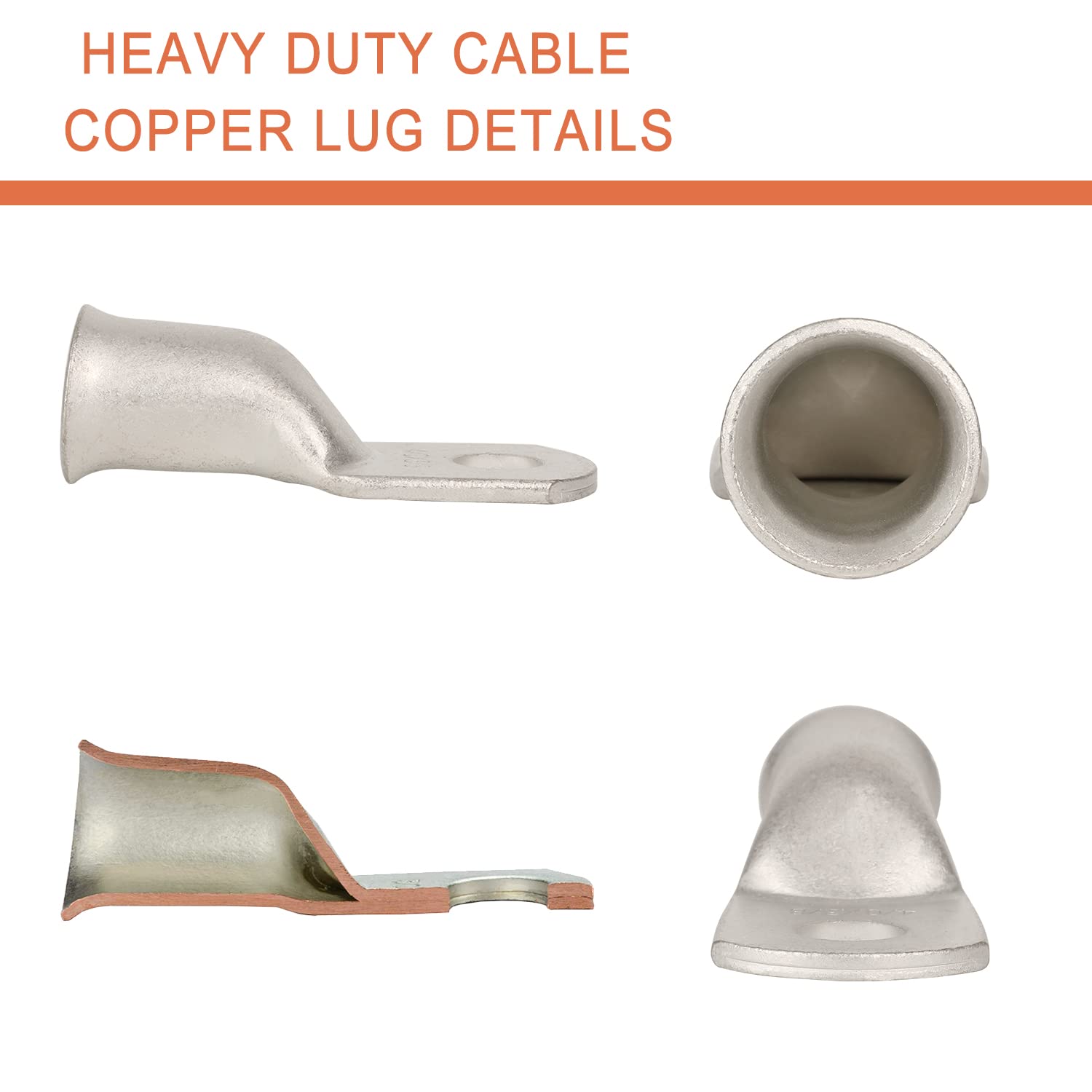Lot de 10 cosses de câble de batterie en cuivre étamé 4/0 AWG - Œillets tubulaires en cuivre nu - Connecteurs de fils de qualité marine (4/0 AWG - Anneau de 9,5 mm)