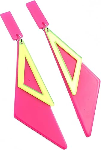 Miniatura 6 de Aretes de neón de Halloween de los años 80, estilo vintage, doble triángulo, largos, para mujer, retro, geométricos, fluorescentes, verde, rosa,