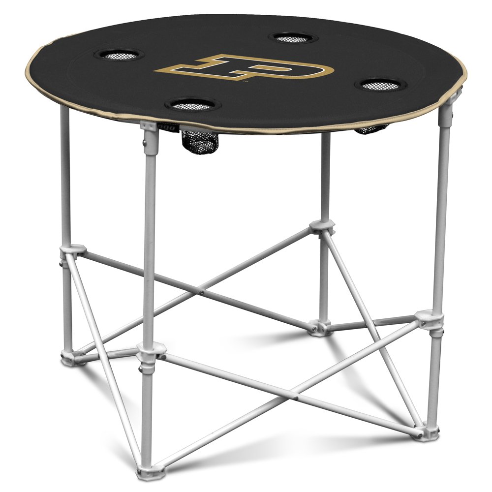Logo Brands NCAA Purdue Boilermakers Round Tailgating Table – Portable with Foldable Legs, 4 Cup Holders, Powder-Coated Steel, and 27.6" Surface Diameter, Team Color