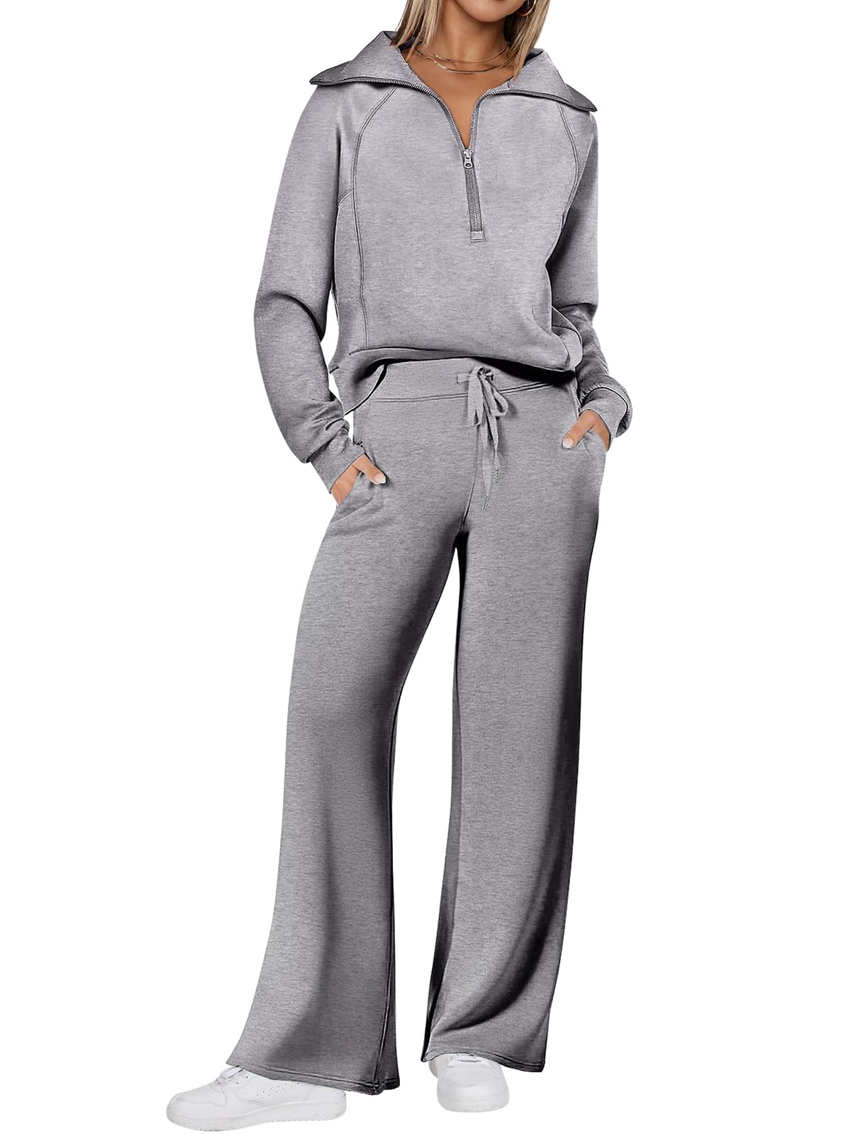 REORIA Damen Baumwolle Reißverschluss Revers Trainingsanzug Jogginganzug Zweiteiler Elegant Langarm Hausanzug Sport Set Lounge Set