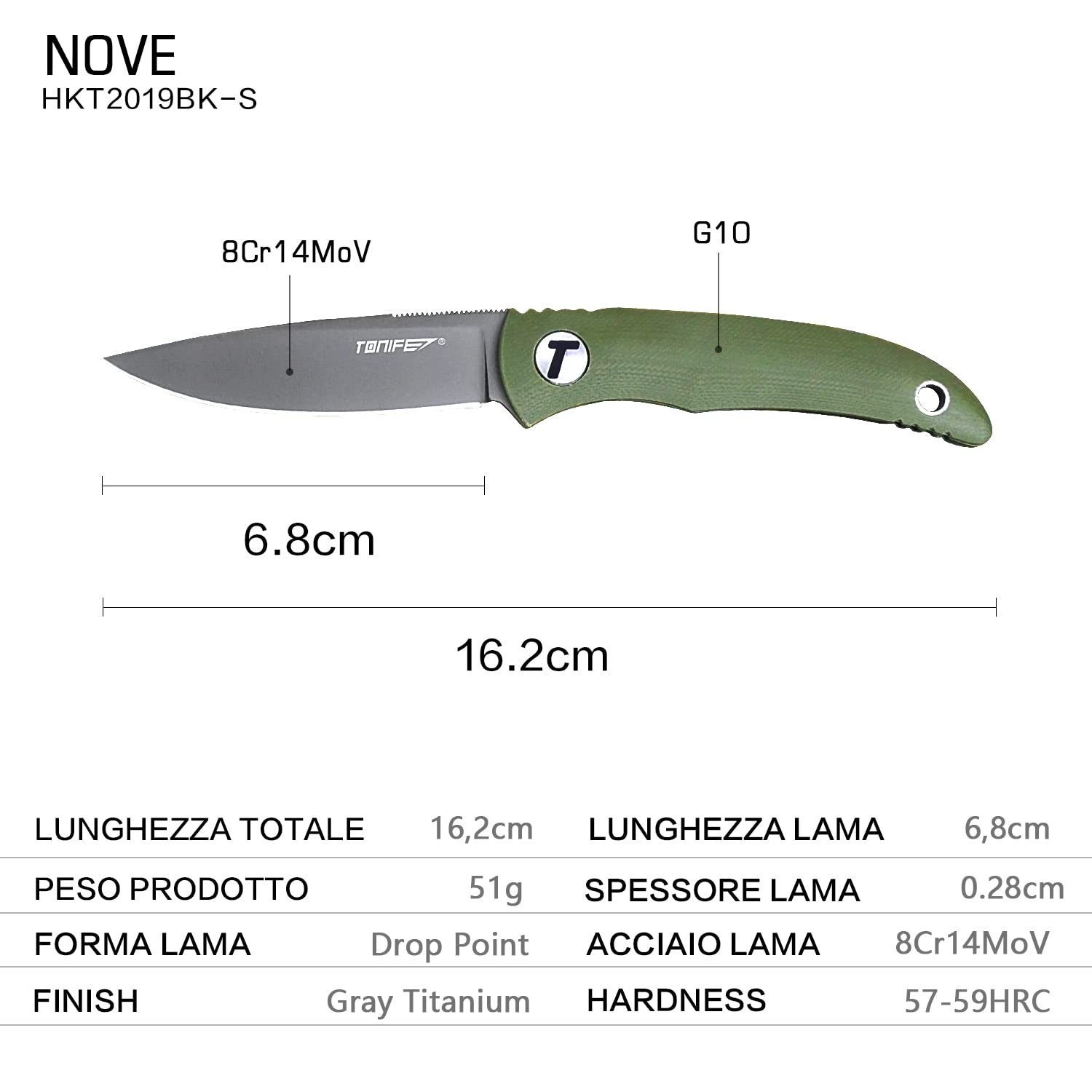 TONIFE Nova Full Tang Coltello da Caccia campeggio a Lama Fissa 6,8cm con Guaina Kydex Regolabile Facile Portabile con Cordino in Paracord per Outdoor, Sopravvivenza e Bushcraft（Verde）