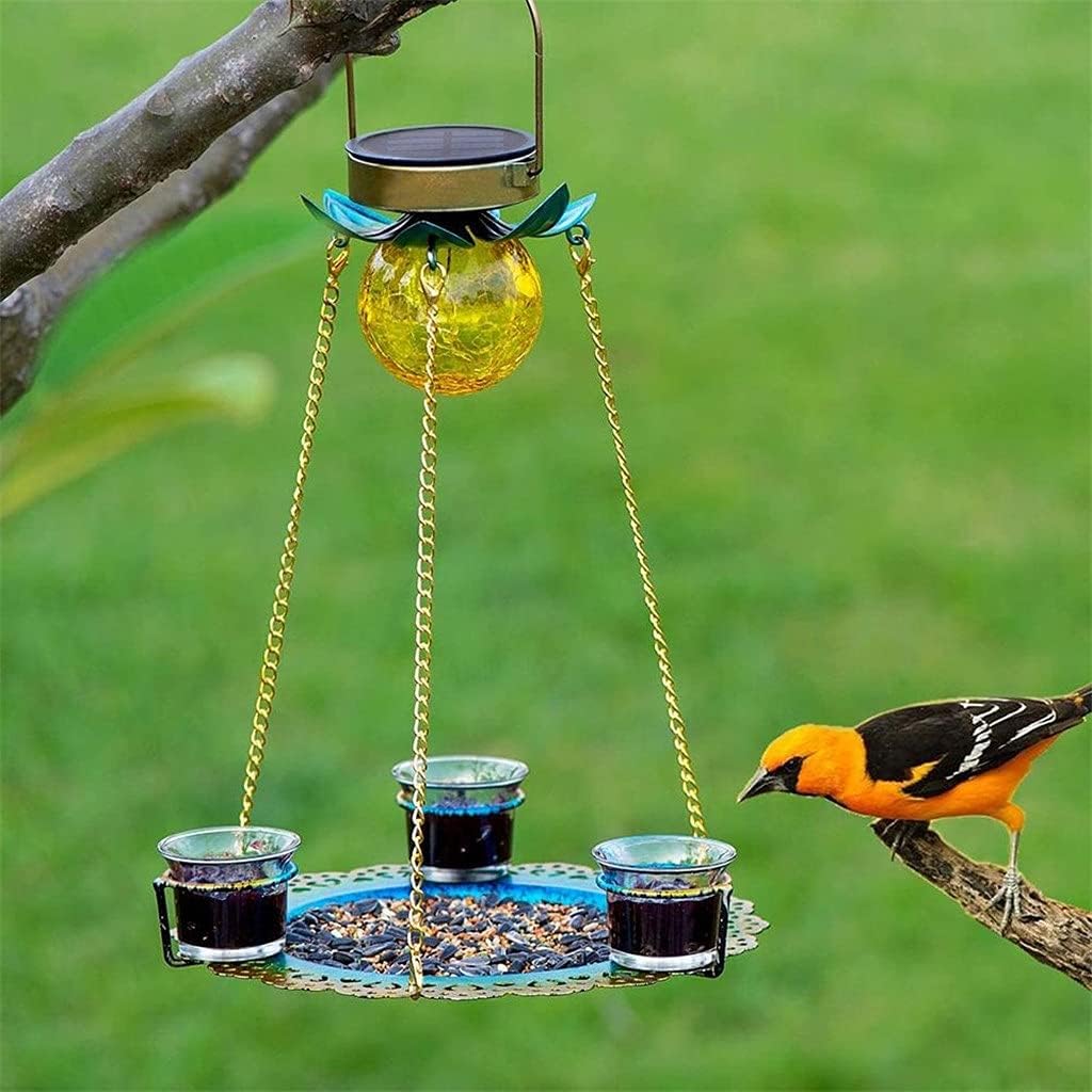 Design Solar Bird Feeder Hanging Solar LED Bird Feeder Outdoor Bird Feeders Lights Metal Tray Waterproof for Yard Decor