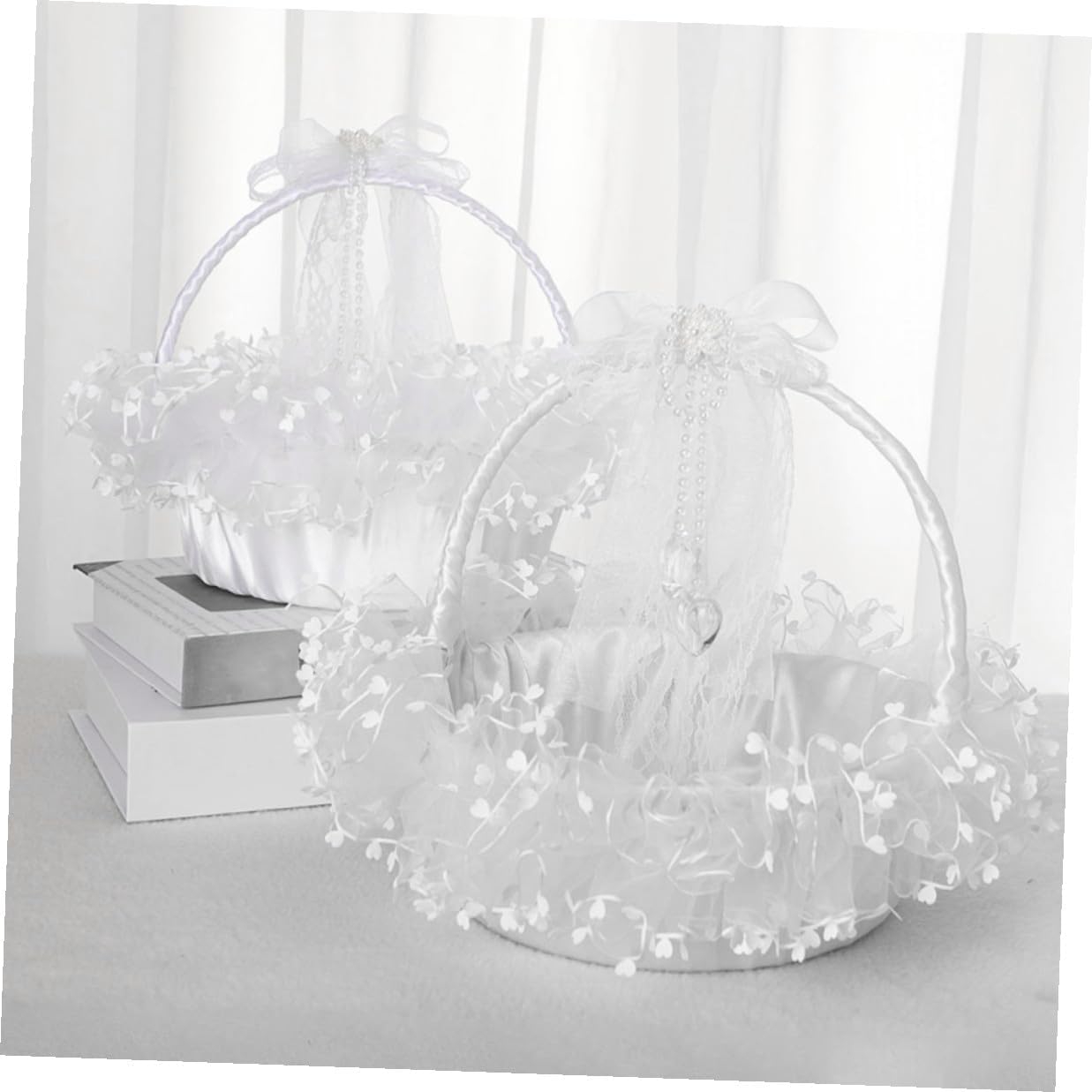 Totority Lace Decorative Wedding Flower Girl Basket Handheld Foldable White Lace Design Basket for Wedding Ceremony and Party Supplies,
