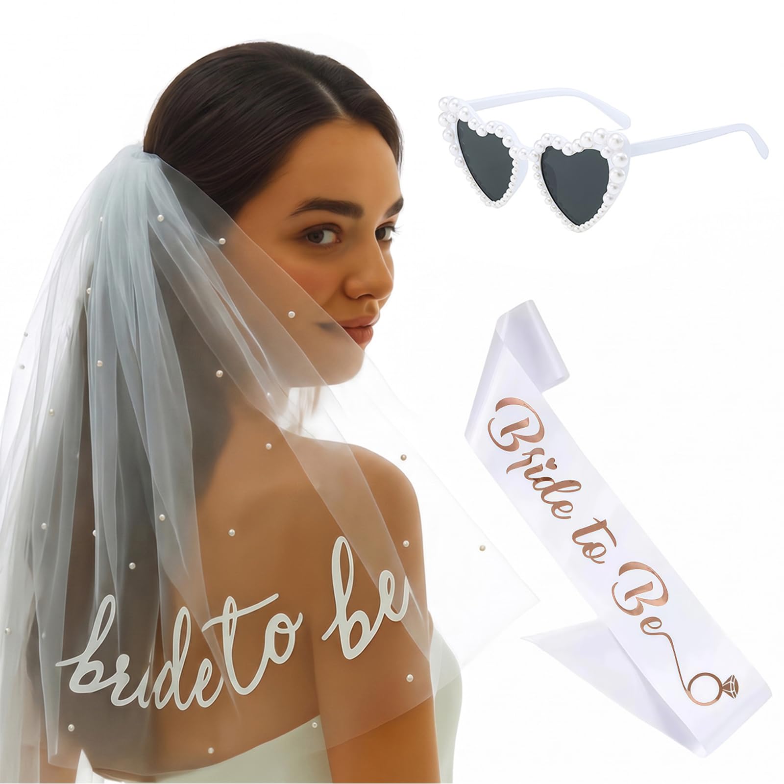 AstraGlam Hen Party Accessories for Women, 3 Piece Bride to Be Sash with Veil, Pearl Heart Sunglasses, Bachelorette Party Accessories, Bridal Party Decorations, Engagement Gift, Hen Do for Women