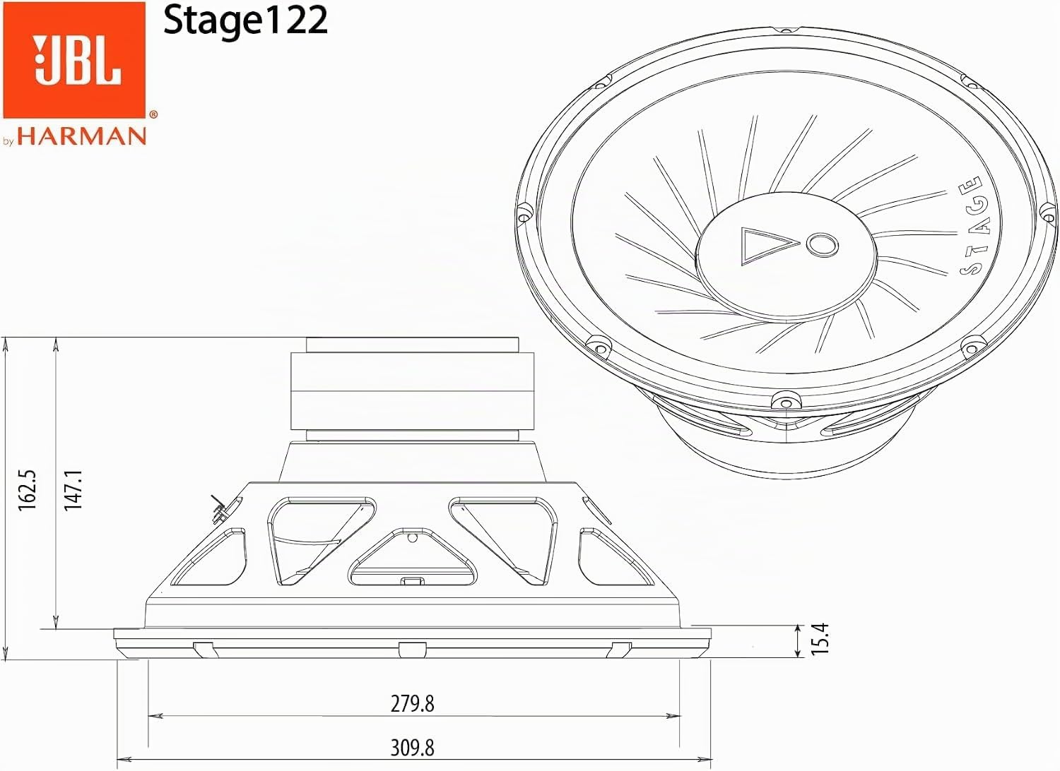 JBL Stage 122 Subwoofer Auto 300 mm (12”), passivo, 250W RMS e 1000W Max, 4 Ohm, 91 dB, risposta in frequenza 34–200 Hz, bobina da 2”, altezza incasso 15,4 mm, per box o installazione libera