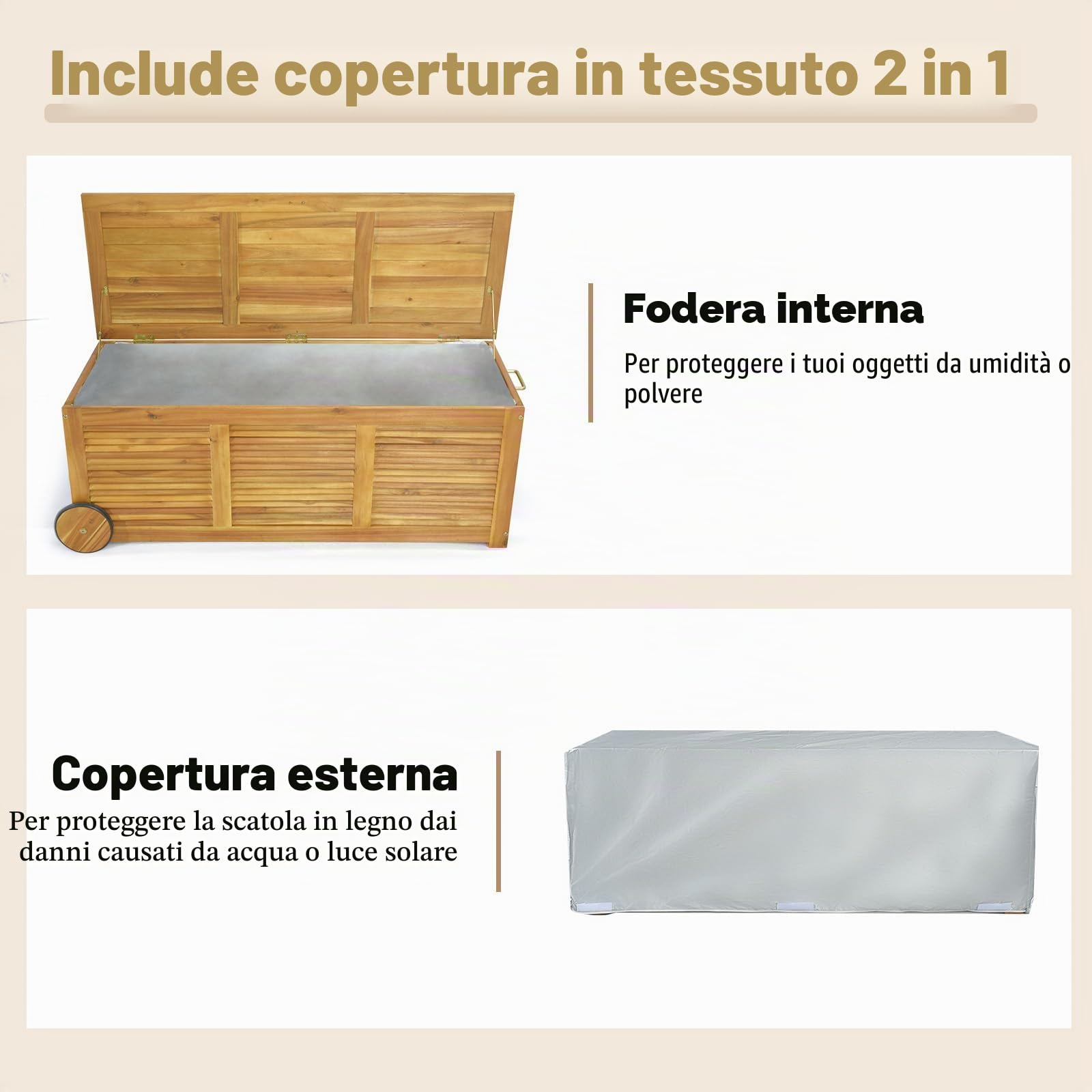 HOMASIS Cassapanca Da Giardino 182L Con Ruote In Legno Di Acacia, Scatola Per Cuscini Con Tasca Interna Impermeabile, Scatola Per Giardino Con Maniglia, Cassapanca Resistente