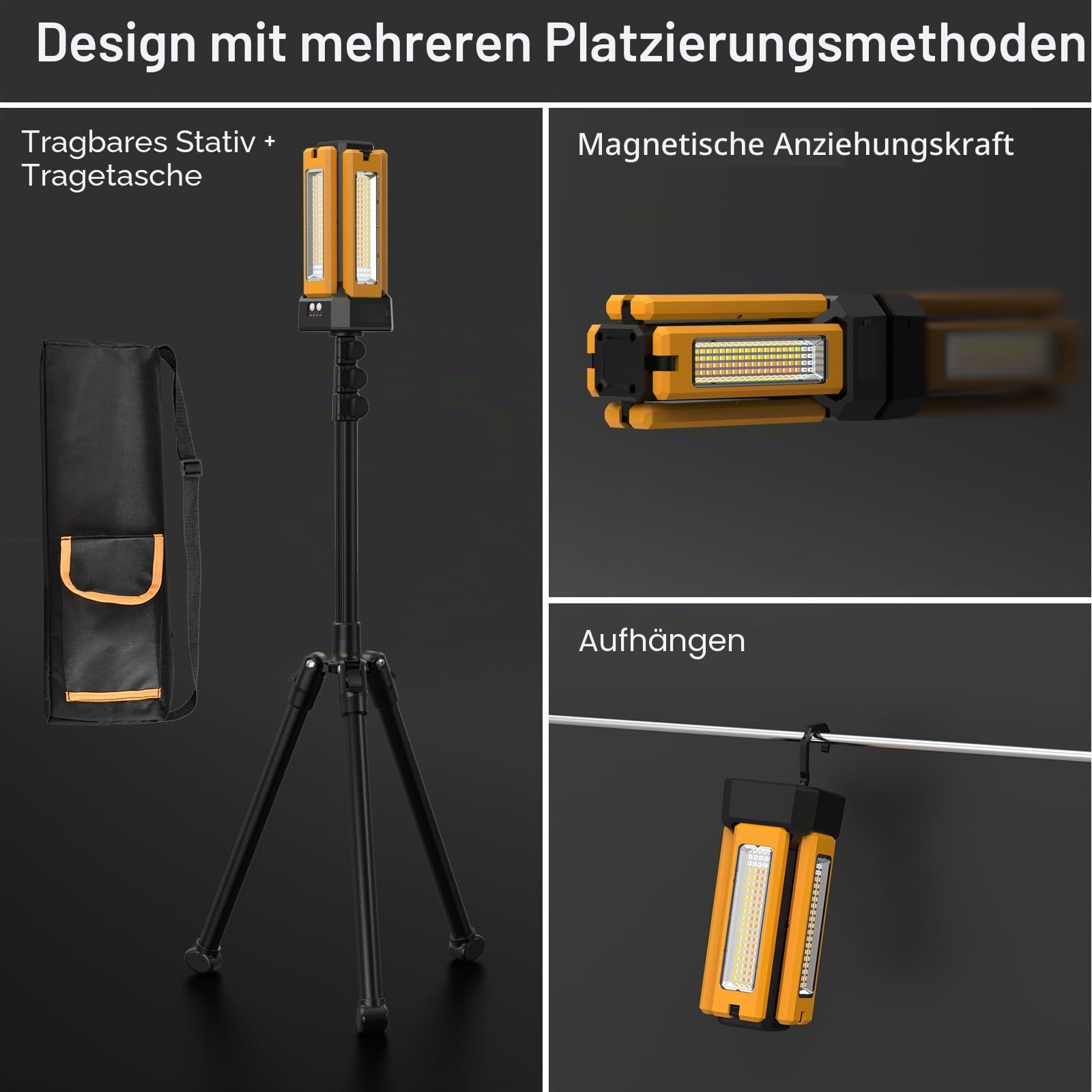 13200 mAh Wiederaufladbare Solar Baustrahler Led mit Stativ, Stufenlos Dimmbar Weiß/Warm/Naturweiß/ROT (SOS) Akku Strahler mit Abnehmbarem Stativ