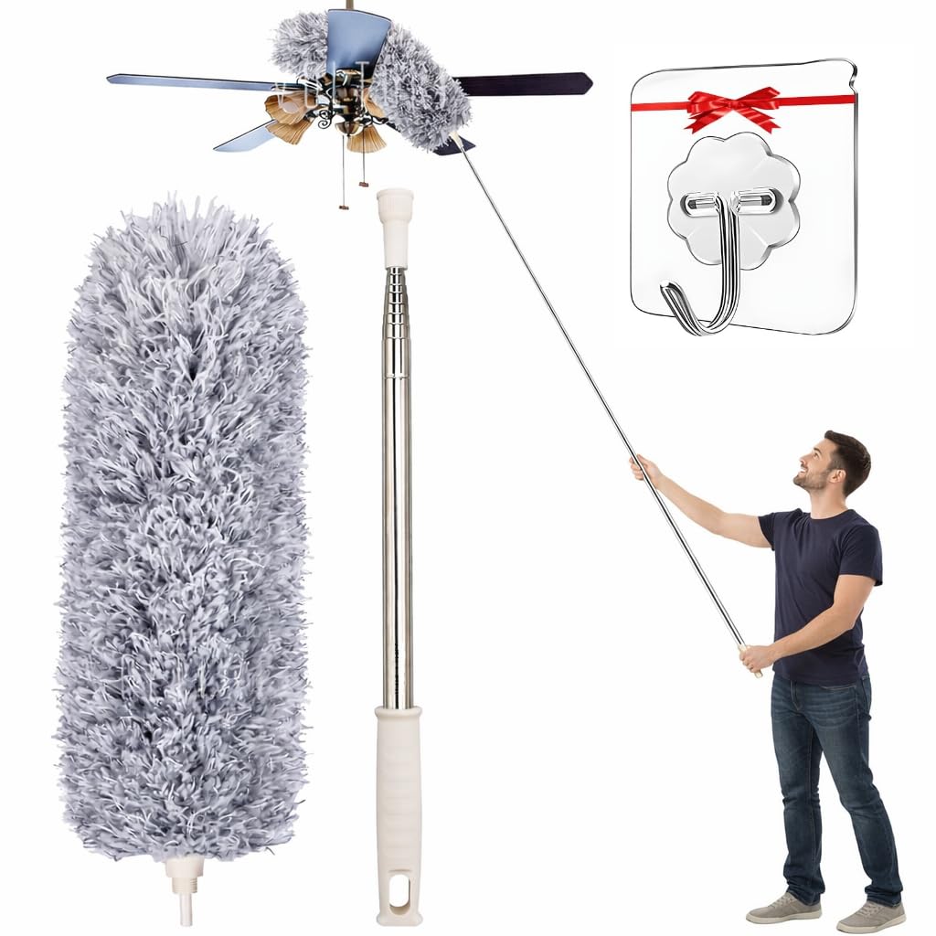 Microfiber Feather Duster with Bendable Head & Extendable Pole – 100 Inch Extra-Long Fan Cleaning Duster, Washable Dust Cleaner for High Ceiling Fans, Window Blinds, Furniture & Cobwebs (Standard)-image-0