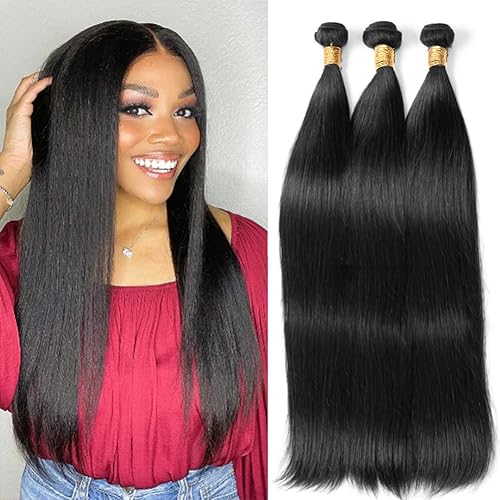Straight Bundles Human Hair 10 12 14 Inch 3 Bundles Deals 12A Brazilian Weave Bundles Human Hair 100% Unprocessed Virgin Remy Double Machin Weft for Women Natural Black Color Hair Extensions