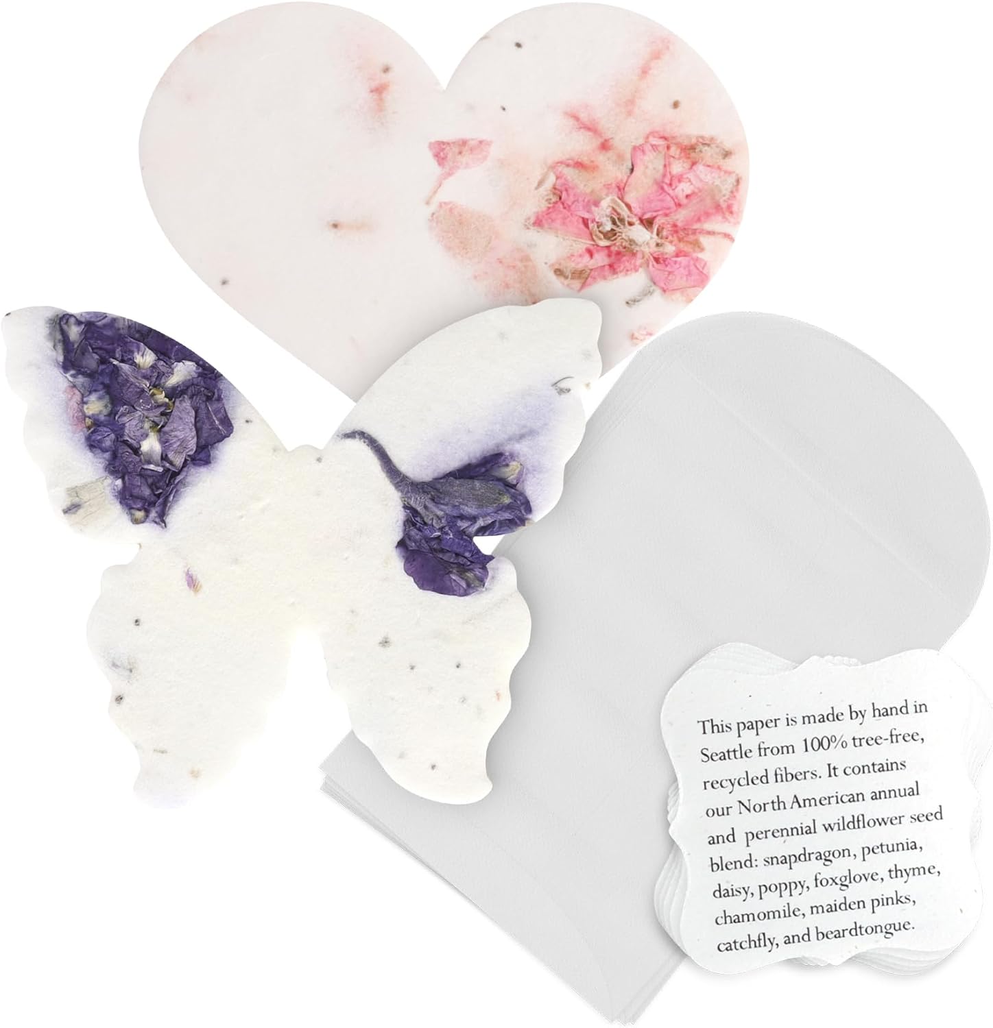 48pcs Plantable Seed Paper (24 Pink Heart & 24 Purple Butterfly) and 50-Set Planting Guide with Glassine Envelopes