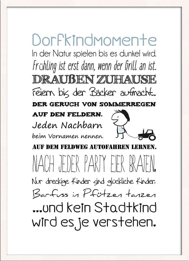 artissimo gerahmtes Poster mit Spruch 50x70 cm Dorfleben Dorfkind PE6032-ER – Bild mit Rahmen, skandinavisches Sprüchebild, Typografie Wandbild, Kunstdruck Hochformat, schawrz-weiß