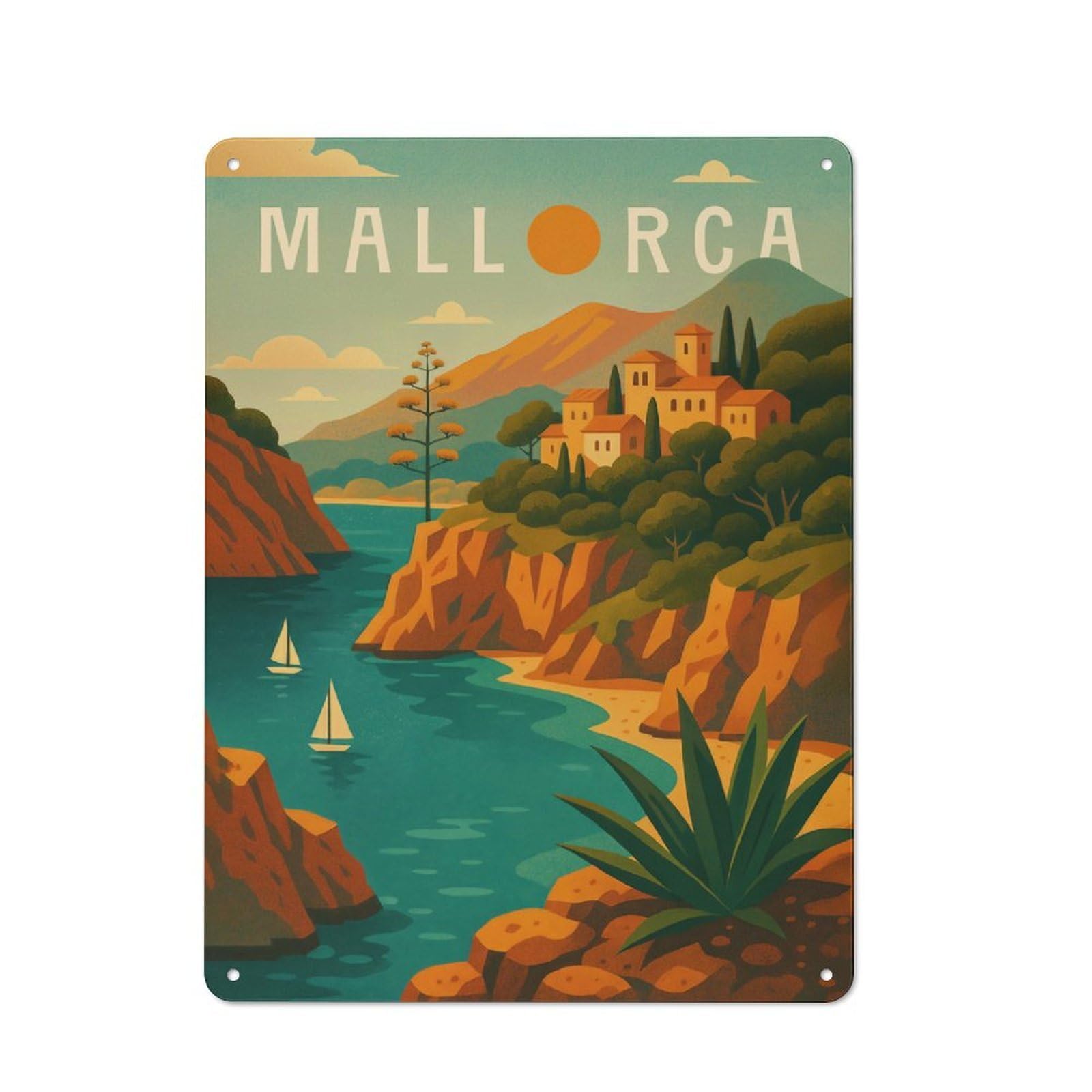 Junmoney Style-12 Old Fashioned Mallorca Travel Poster Spain – Mediterranean Cliffs & Sea Breeze Decorative Tin Sign 40X30cm, Nostalgic Wall Art For Bedroom, Office, Home Bar Or Dining Room