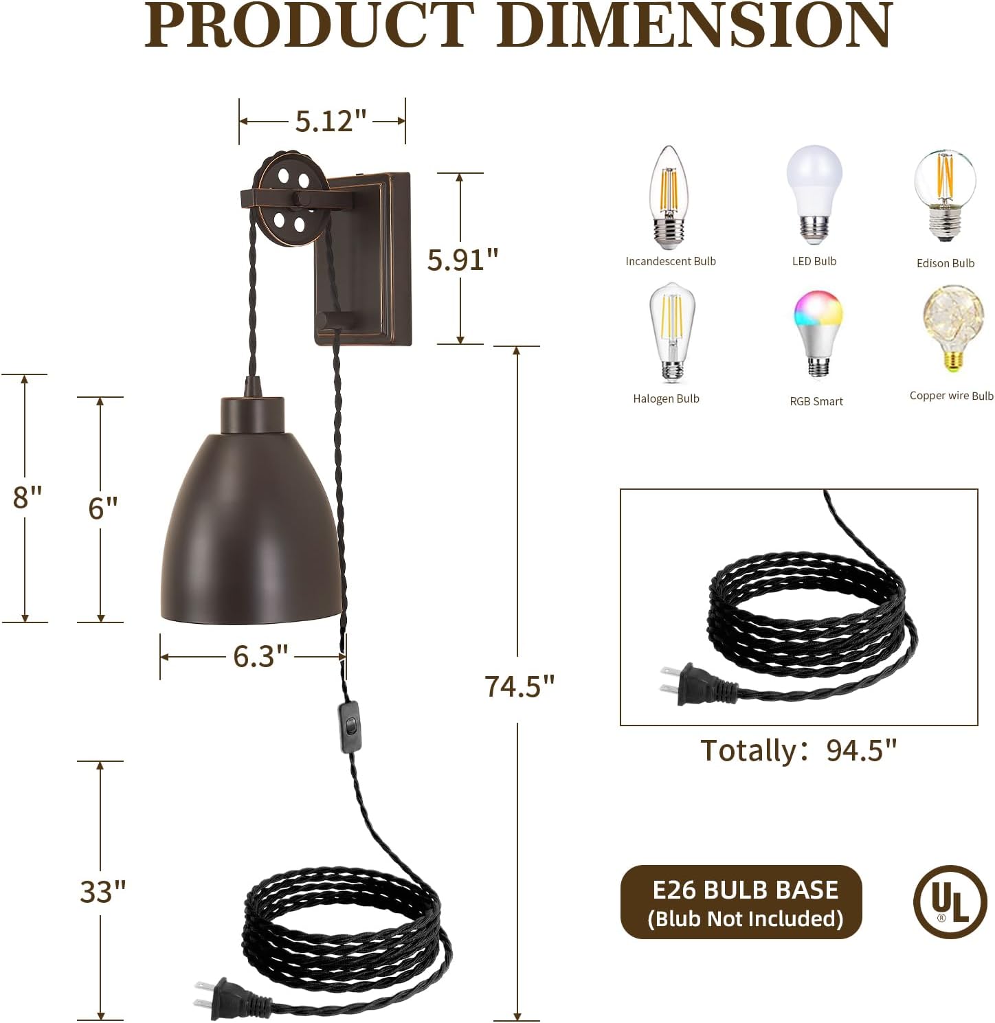 8FT Plug in Wall Sconces Set of 2 Pulley Wall Lamps On/Off Switch Hanging Light Fixture Industrial Wall Lights for Bedroom, Living Room and Hotel, Oil Rubbed Bronze