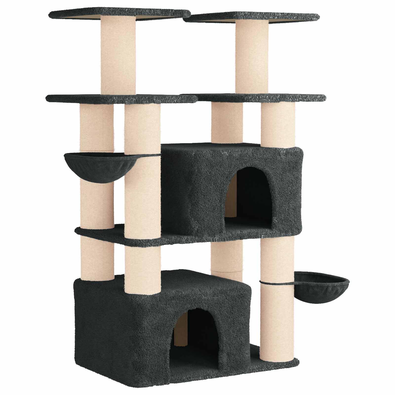 Juego de 2 árboles para gatos con pilares rascadores de sisal, gris oscuro, 147 cm | Torres de escalada de dos pisos para el salón con acogedora cueva y robustos troncos de sisal para el cuidado de las garras.
