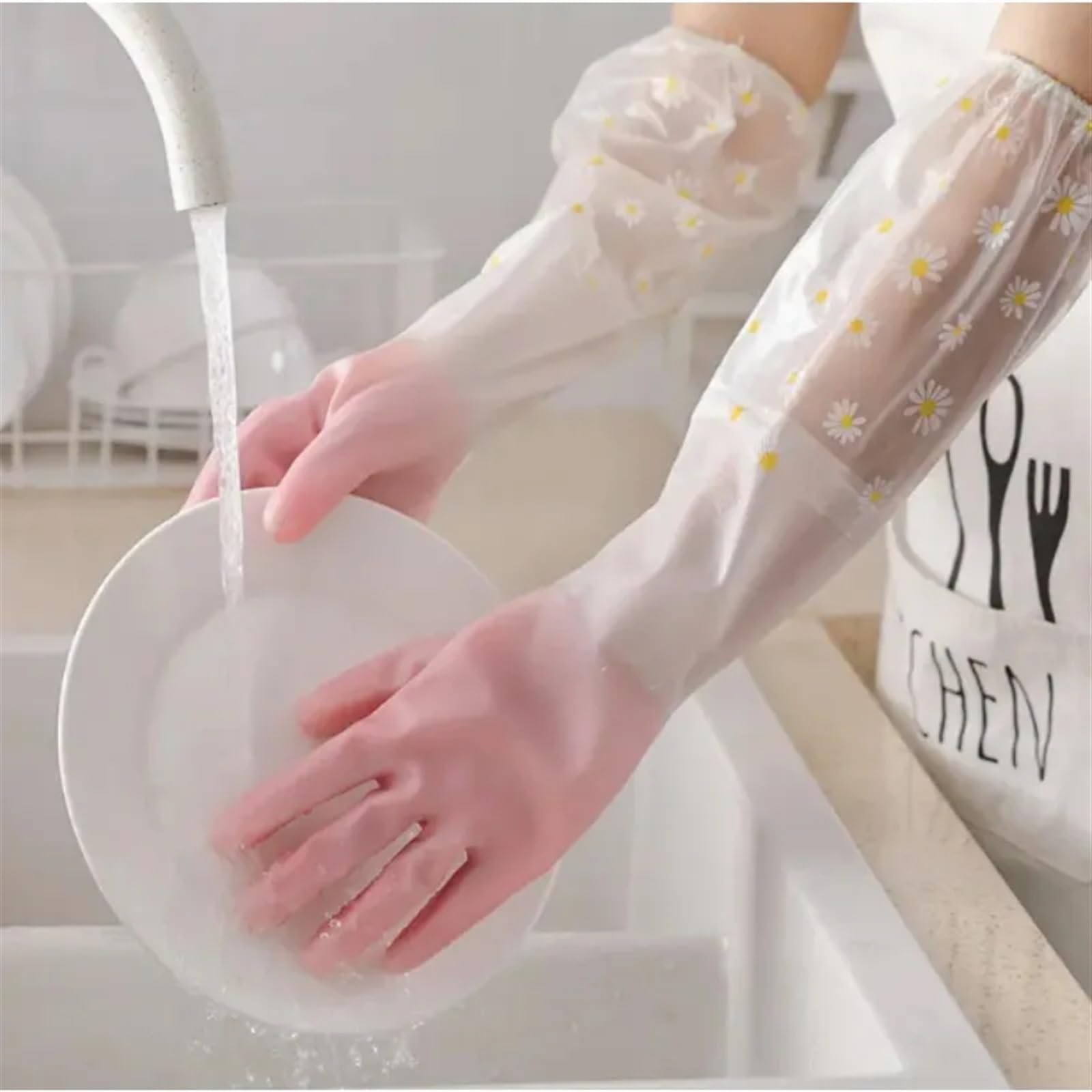 1 Par Guantes Manga Larga Lavar Cocina Jardinería Duradero(Blau)