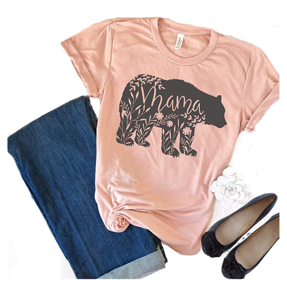 Women's Floral Mama Bear Print Crew Neck Short Sleeve T Shirts for Mom Mother's Gift