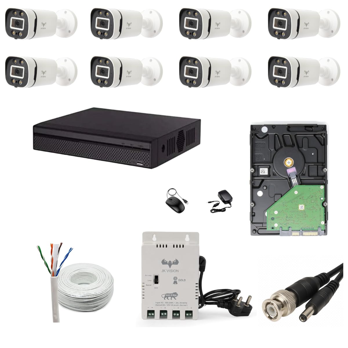 JK Vision 2.4MP ColorVu CCTV Camera System for Home, Office, School (8 Bullet, 1TB Hard Disk, 8 Channel Power Supply, DVR, 90Mtr Cable, BNC/DC)-picture-15
