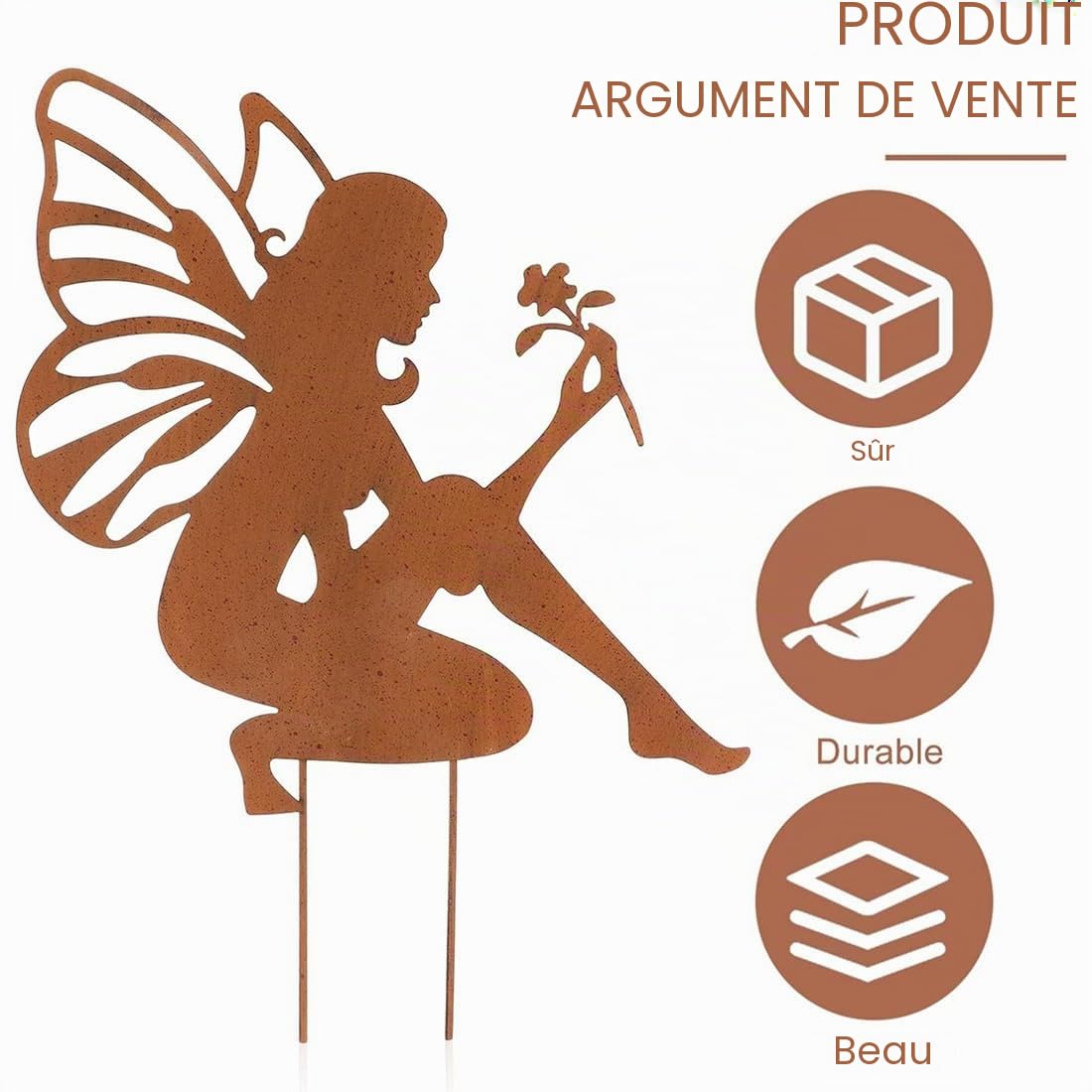 Ensemble de 3 Statuettes de Fées en métal rouillé pour Le Jardin, décorations décoratives avec Elfe Assis sur bâton et Piquet Jardin, Parfait pour embellir Vos espaces extérieurs.