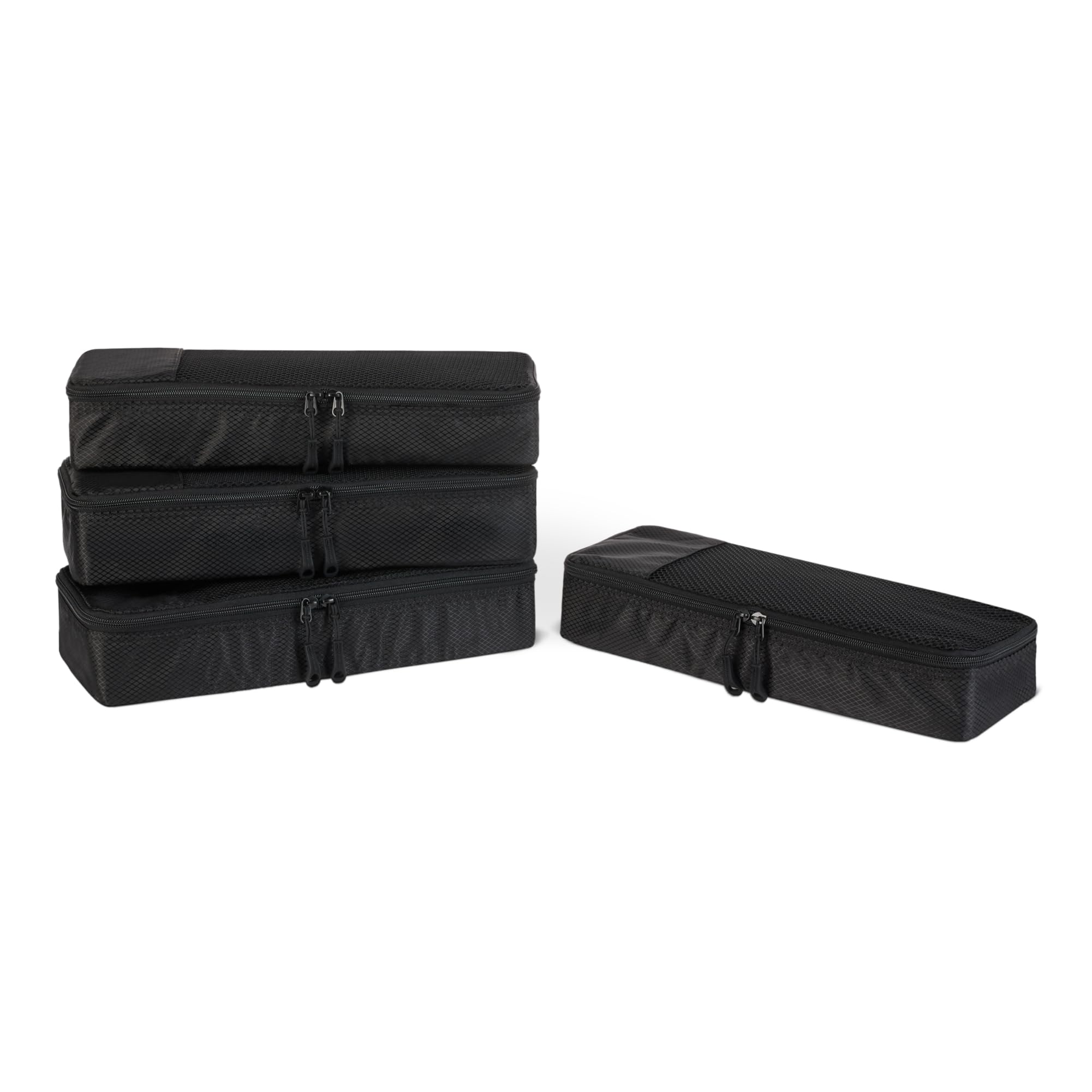 Amazon Essentials 4-Piece Packing Cubes Travel Accessories Set, Luggage Organiser with Double Zip, Mesh Top, 100% Polyester, Slim, Black (Previously Amazon Basics)
