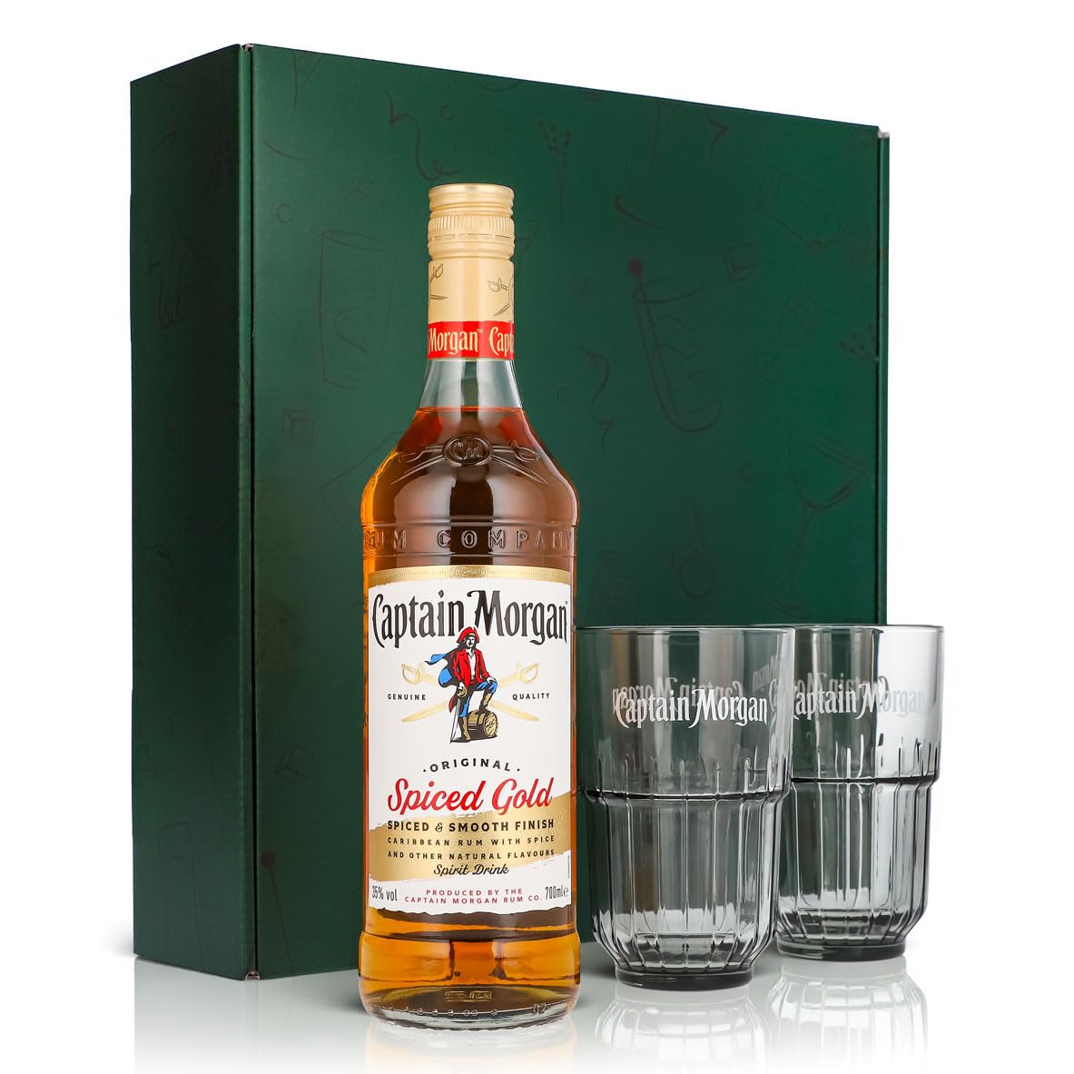 Sipply Geschenkset 3-teilig mit 2 Longdrinkglas Relief und 1 Flasche Captain Morgan Rum 0,7l 35% Vol. | mit Geschenkverpackung: Grün | Geschenk für Frauen Männer Papa Freundin zu Weihnachten Ostern