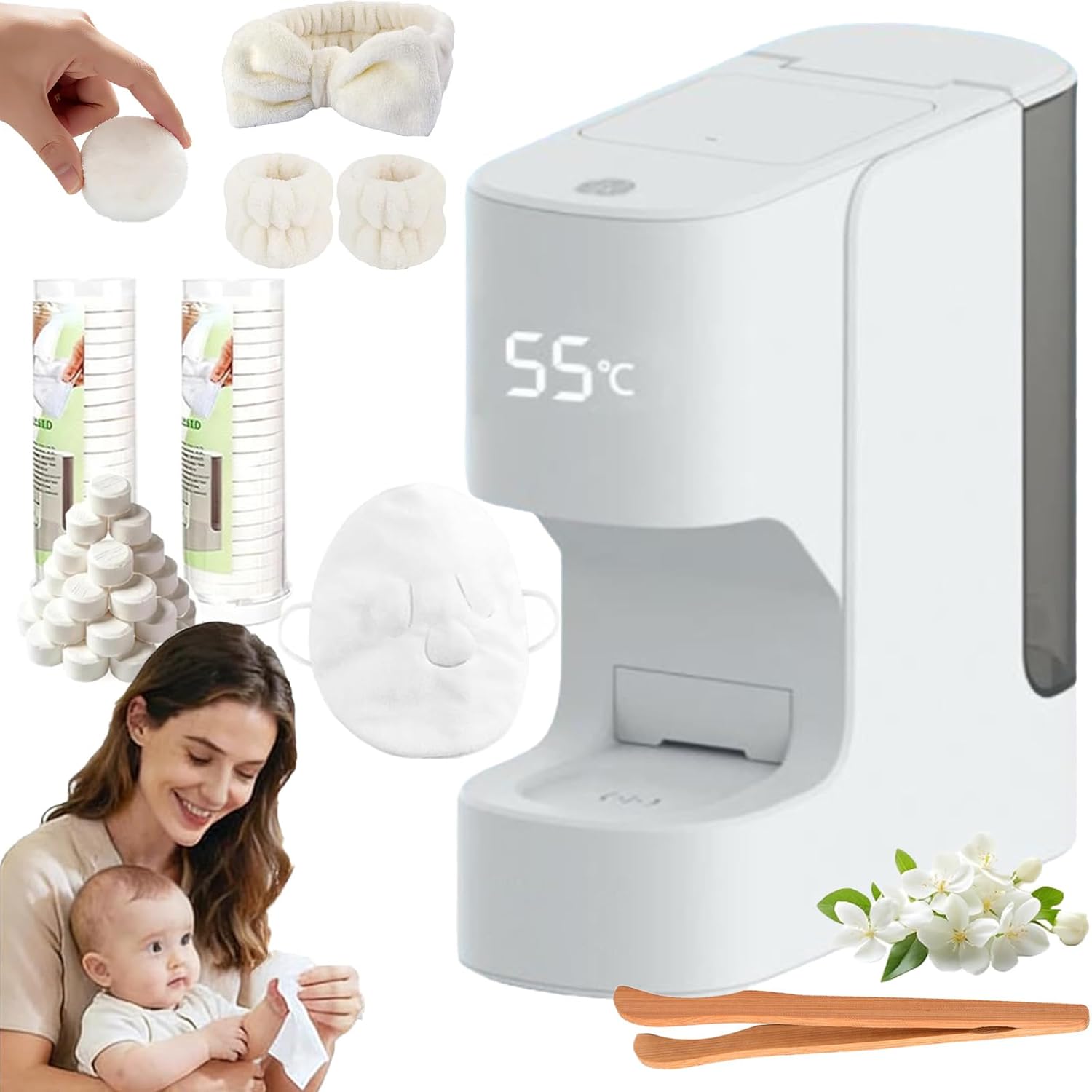 Hot Face Towel Warmer, Automatic Hot Towel Dispenser, 131°F Adjustable Constant Temperature, Heats up in 5 Seconds, Disposable Face Towel Warmer Dispenser, Smart Voice Alerts (SetA+20Pcs Towels)