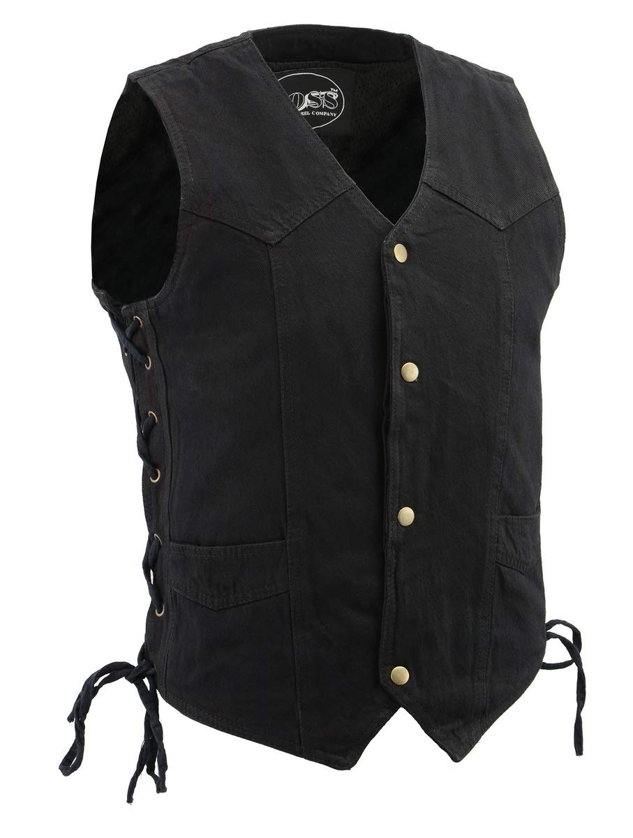 M-Boss Motorcycle Apparel BOS13003 Men's Black Denim Motorcycle Side Lace Vest with Quick Draw Pocket - Small