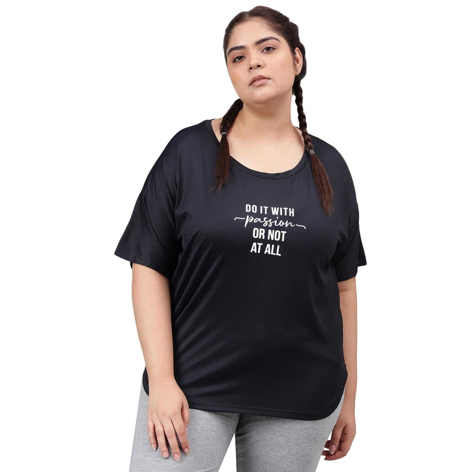 Women's Plus Size Dry Fit Gym Sports T-Shirt | Round Neck DO IT Passion - BLK - (MKHWT-1269)-image-47
